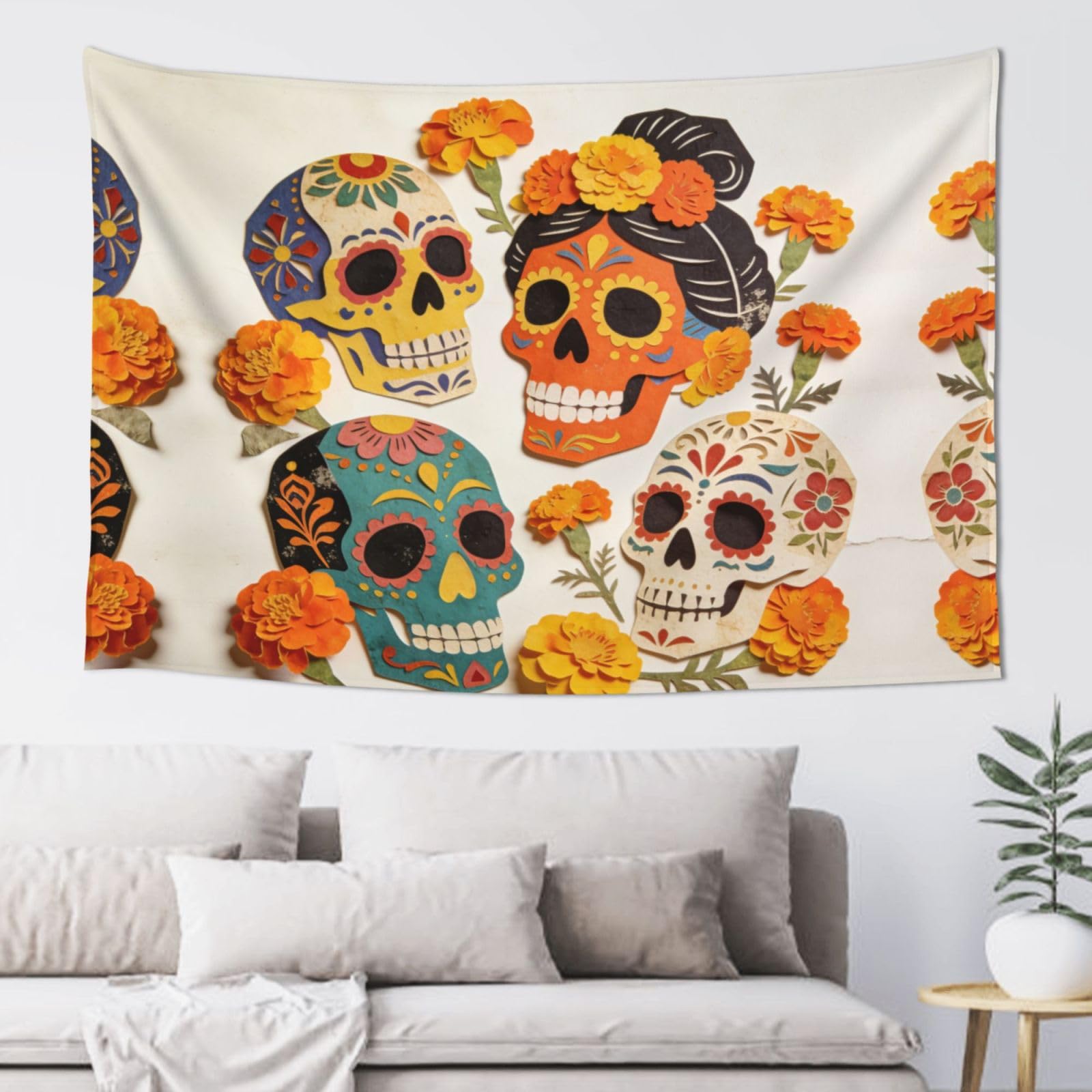 Duykimqw Vibrant Sugar Skulls & Marigolds Print Wall Tapestry - Floral Wall Hanging Blanket Interior Decoration Of Bedroom And Living Room