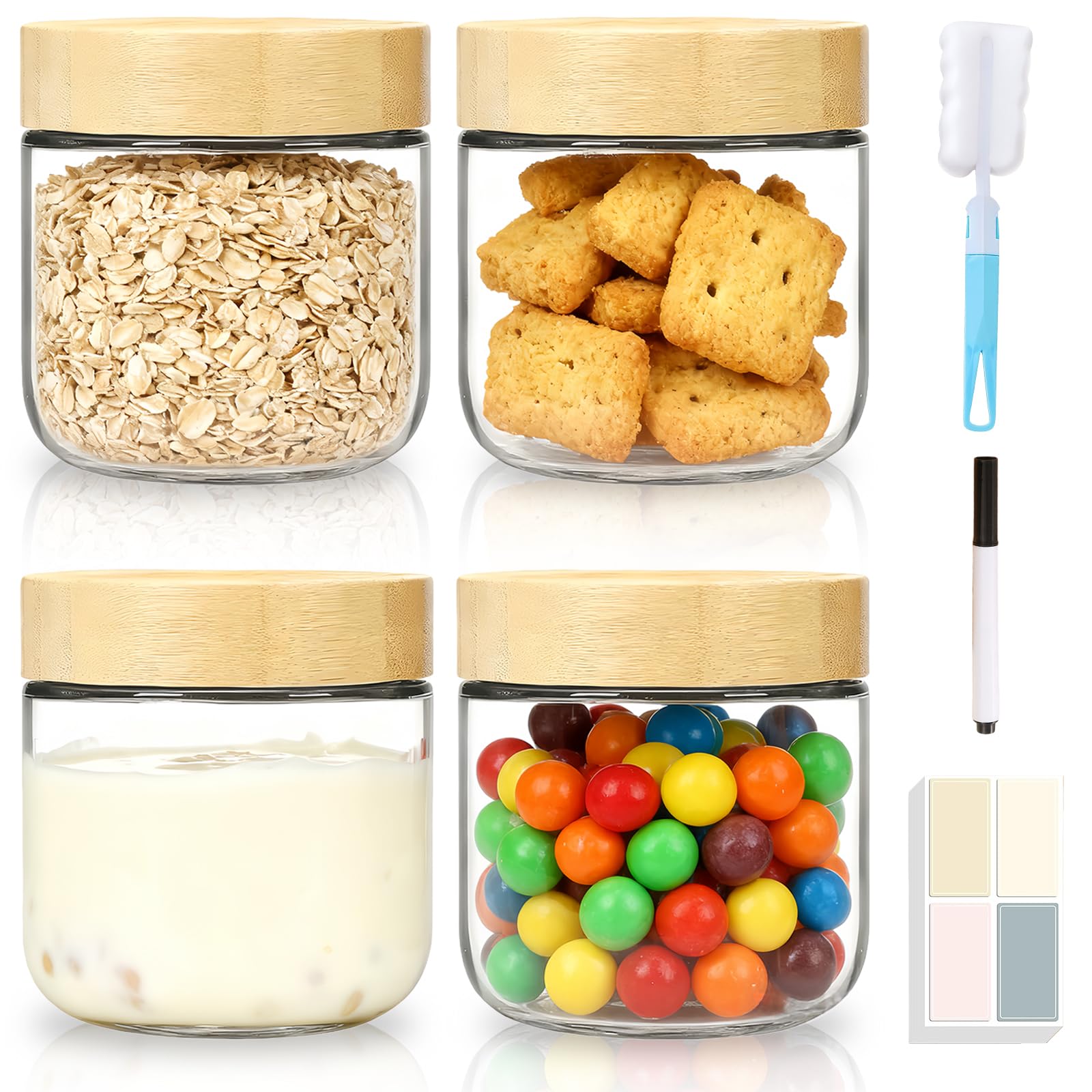 Meetoz 350Ml - 4Pack Glass Mason Jars, 6-Pack 12 Ozovernight Oats Containers With Screw Wood Lid,Yogurt Jars, Reusable Small Mason Jars For Food Coffee Tea Spice Fruit Sauce Cereal Snacks Storage (350Ml - 4Pack)