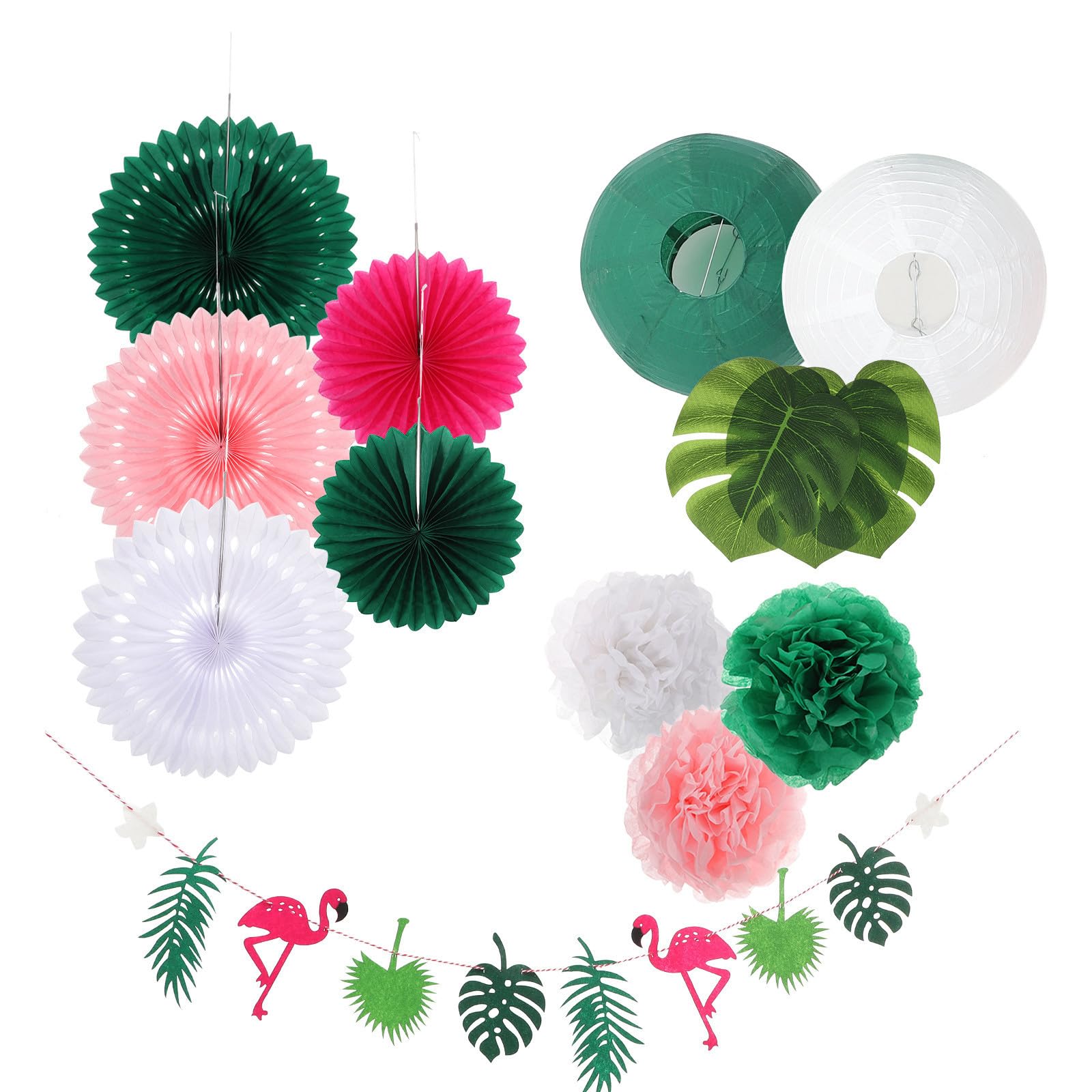 Set de decoración de verano con abanicos de papel y pancarta hawaiana tropical