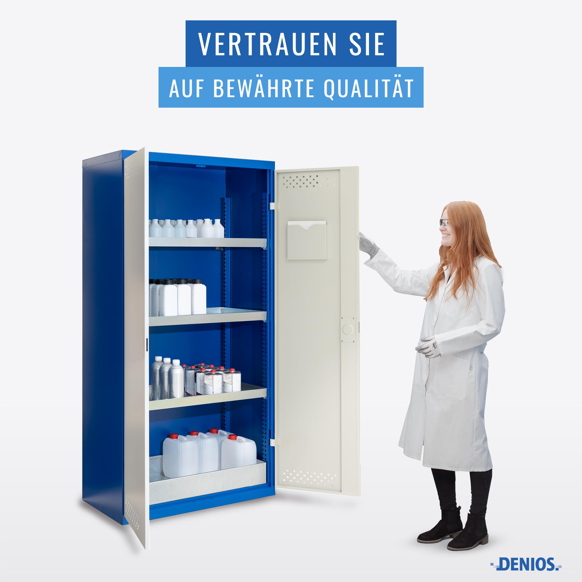 DENIOS Chemikalienschrank Protect CS 104, mit Flügeltüren, incl. Bodenwanne und 3 Auffangwannen