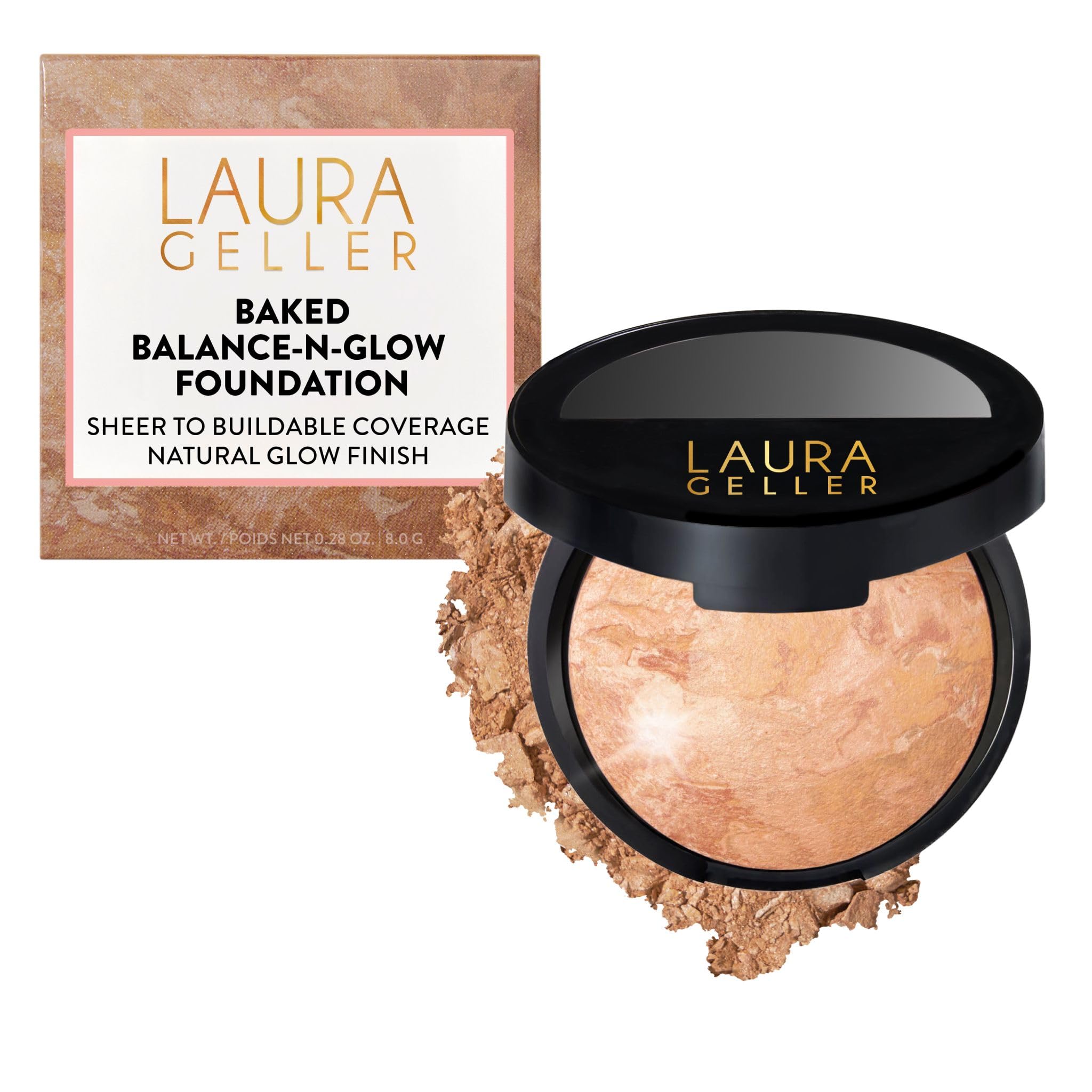 LAURA GELLER NEW YORK Baked Balance-n-Glow Illuminating Puder Makeup, Aufbaubare, Transparente bis Leichte Deckkraft, Baking Powder Foundation Make Up mit Satin-Finish (03 Licht)