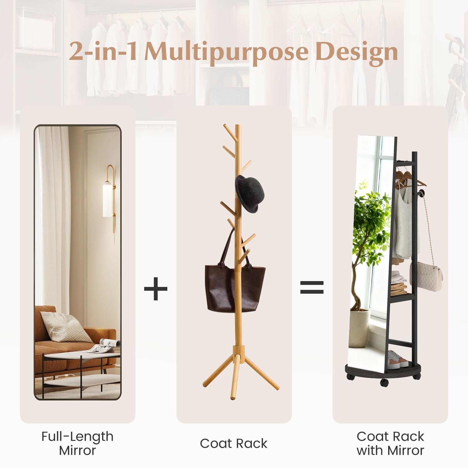 GIANTEX Specchio a figura intera, specchio da terra con appendiabiti, 45 x 135 cm, grande specchio con vetro infrangibile, ganci, ripiani, ruote, per ingresso, soggiorno, camera da letto (nero+noce)