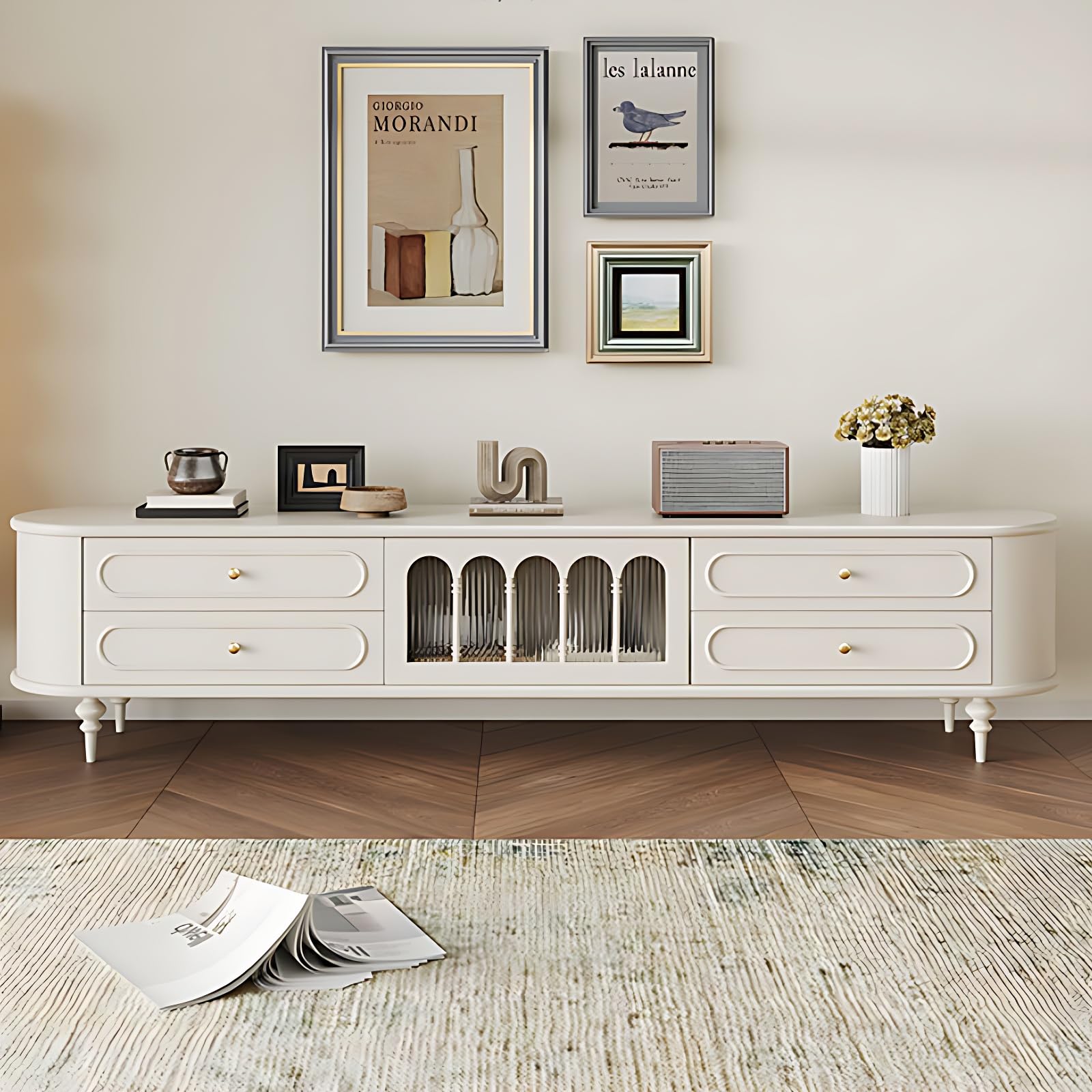 Modern TV Stand - TV Cabinet Table with Removable Back Panel | Media Console Fits TVs up to 100 inches, Wood Entertainment Center with Storage, 4 Drawers & Cabinet (White, 86in)