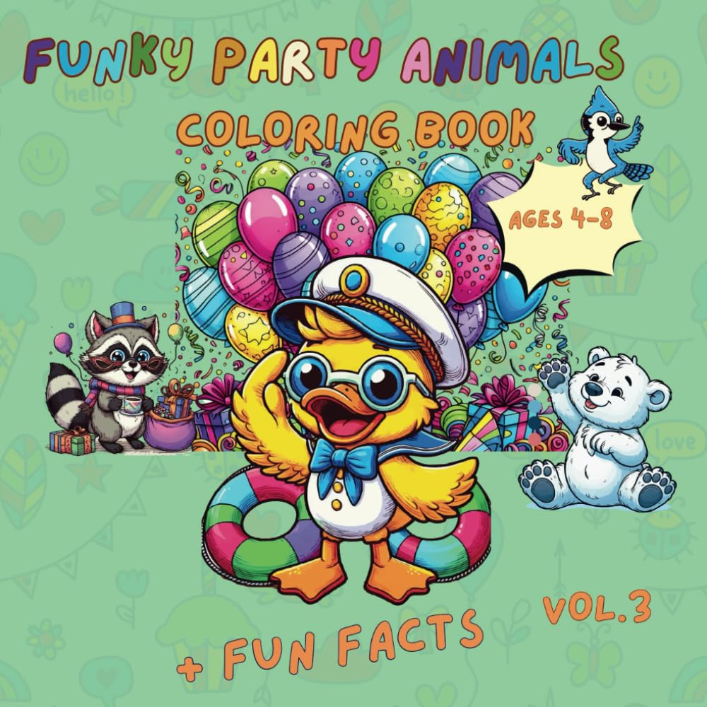 Funky Party Animals Volume 3: Coloring Fun for Curious Kids (Ages 4-8), Kids Coloring Book with fun facts, Bold and easy coloring book