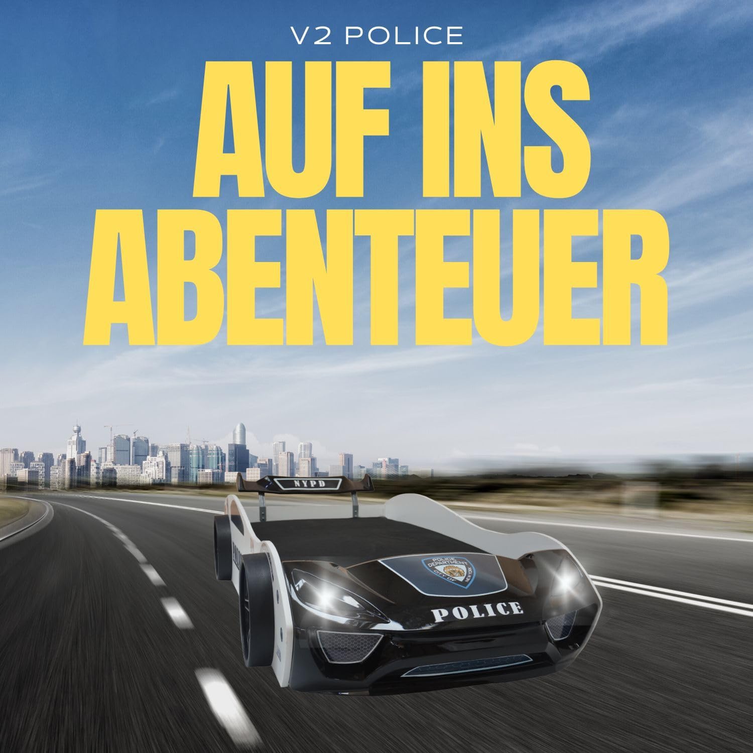 Coemo Kinder Autobett V2 Police Kinderbett 90x200 im Rennwagen super Streifenwagen Design mit LED Beleuchtung und Lattenrost für Jungen und Mädchen - Betten Farbe Weiß