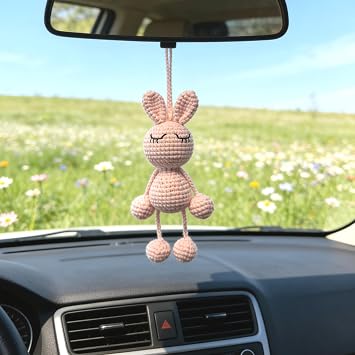 Crochet Pink Rabbit Car Accessories, Car Hanging Ornament, Rearview Mirror Hanging Accessories, Cute Office Home Decor