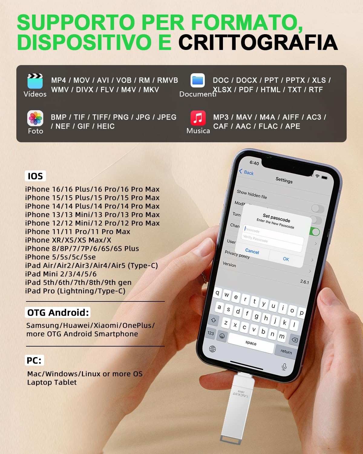 Chiavetta USB 256 GB per iPhone Apple Certificato, Vackiit Chiavetta USB C Lightning Chiave USB 3.0 Photo Stick Archiviazione Esterna per iPad Mac iOS OTG Android Mobile PC con MFI Lightning, USB 3.0