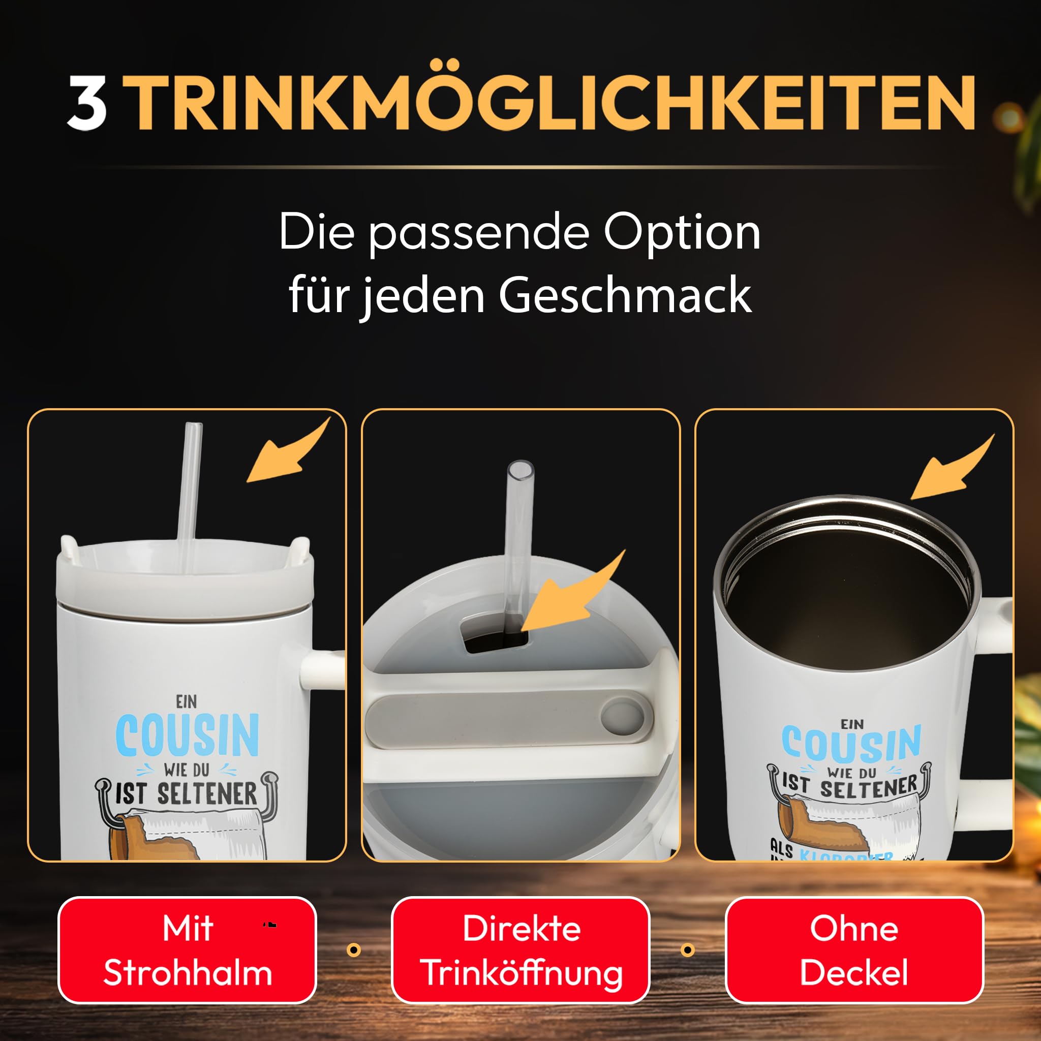 XXL Thermobecher für Cousin – Lustiges Geschenk zum Geburtstag & Weihnachten – Edelstahl Trinkflasche, Weiß mit Spruch Klopapier (WIEDERVERWENDBAR)