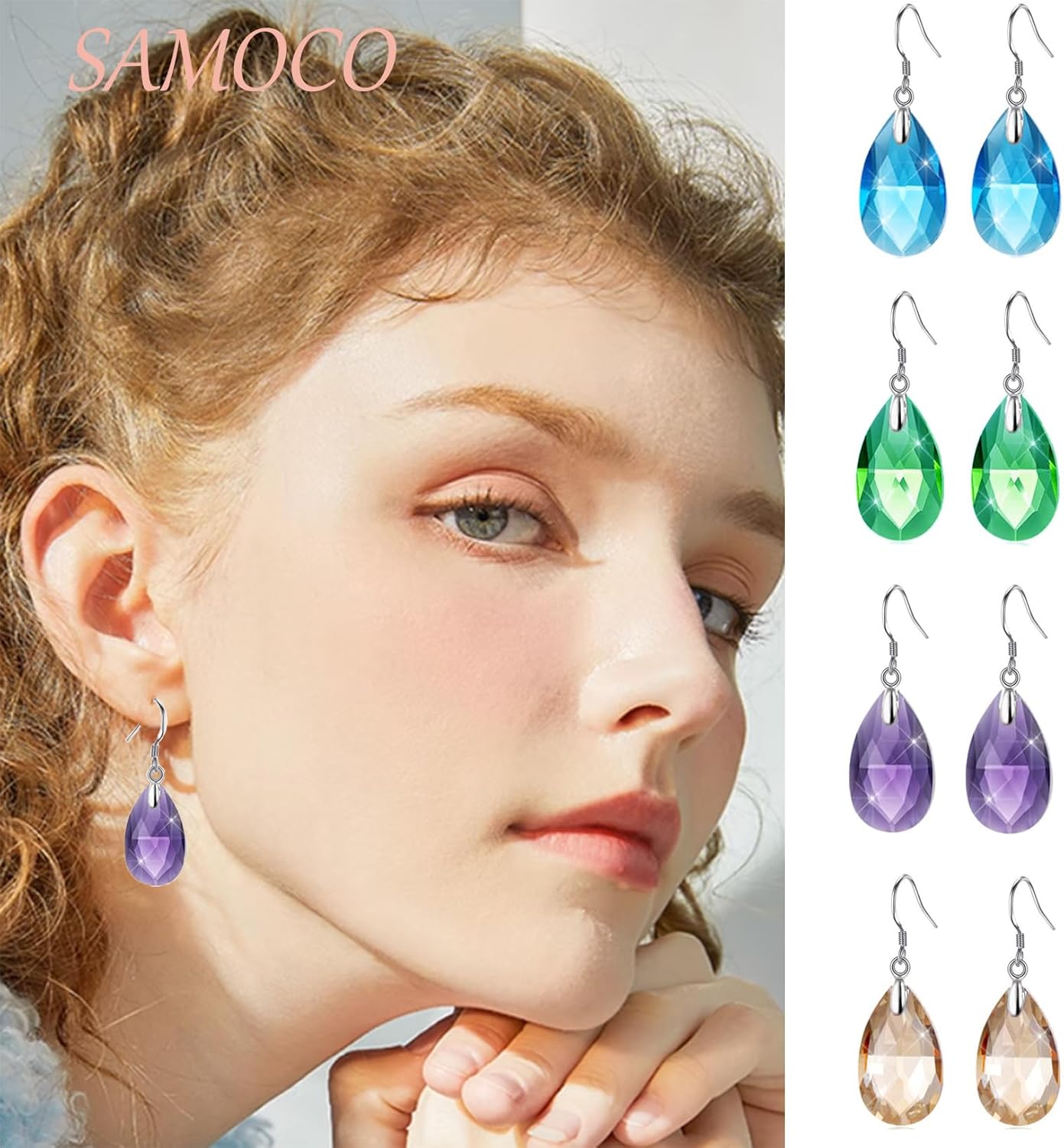 SAMOCO 16 Pairs Drop Dangle Earrings Set for Women Rainbow Crystal Earrings Teardrop Dangle Hook Earrings Hypoallergenic - Image 3