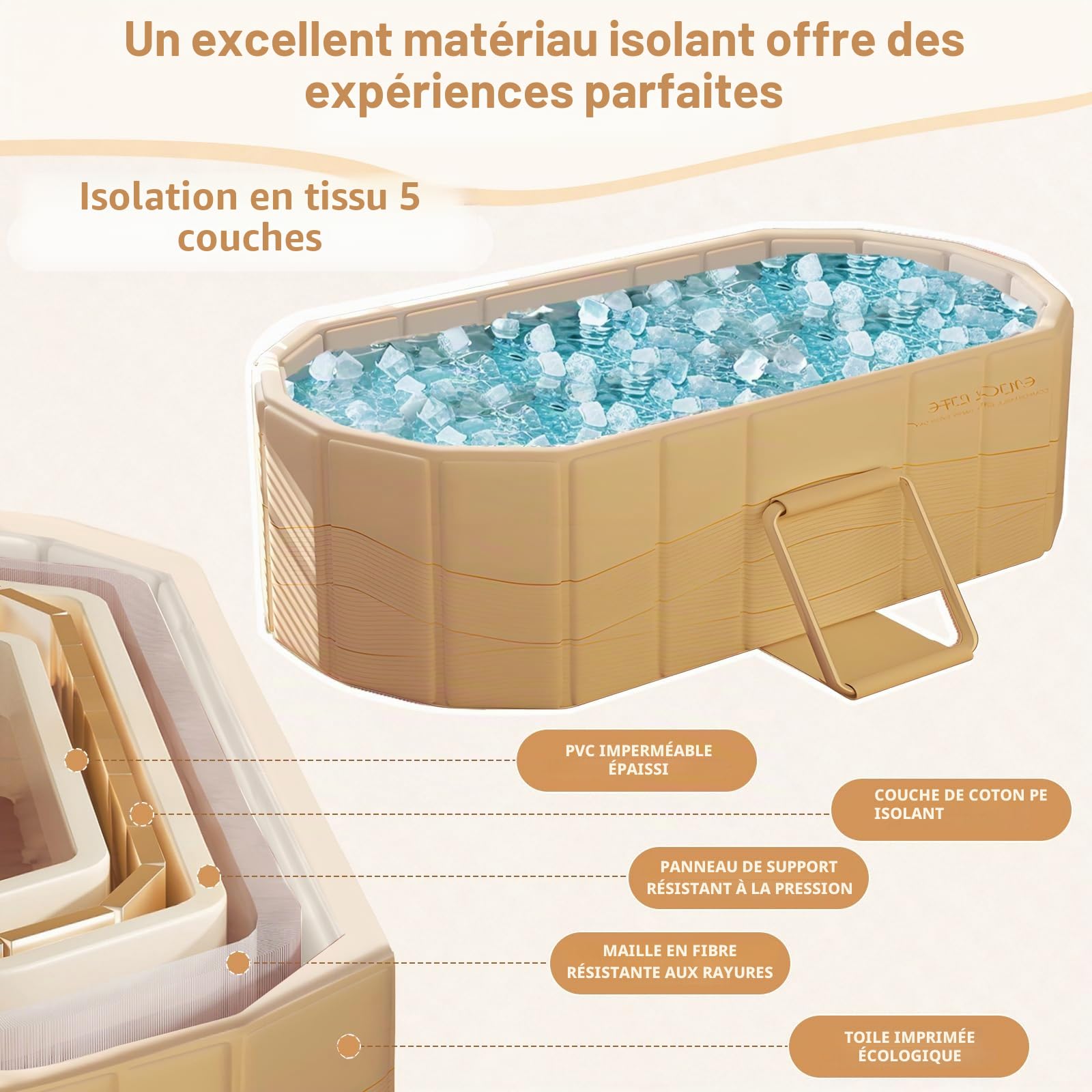 Baignoire pliable pour adultes, 2 en 1 bain glacé & eau chaude, baignoire portable autoportante avec couvercle, idéale pour spa à domicile, extérieur & intérieur, sans montage (120 x 56 x 50 cm