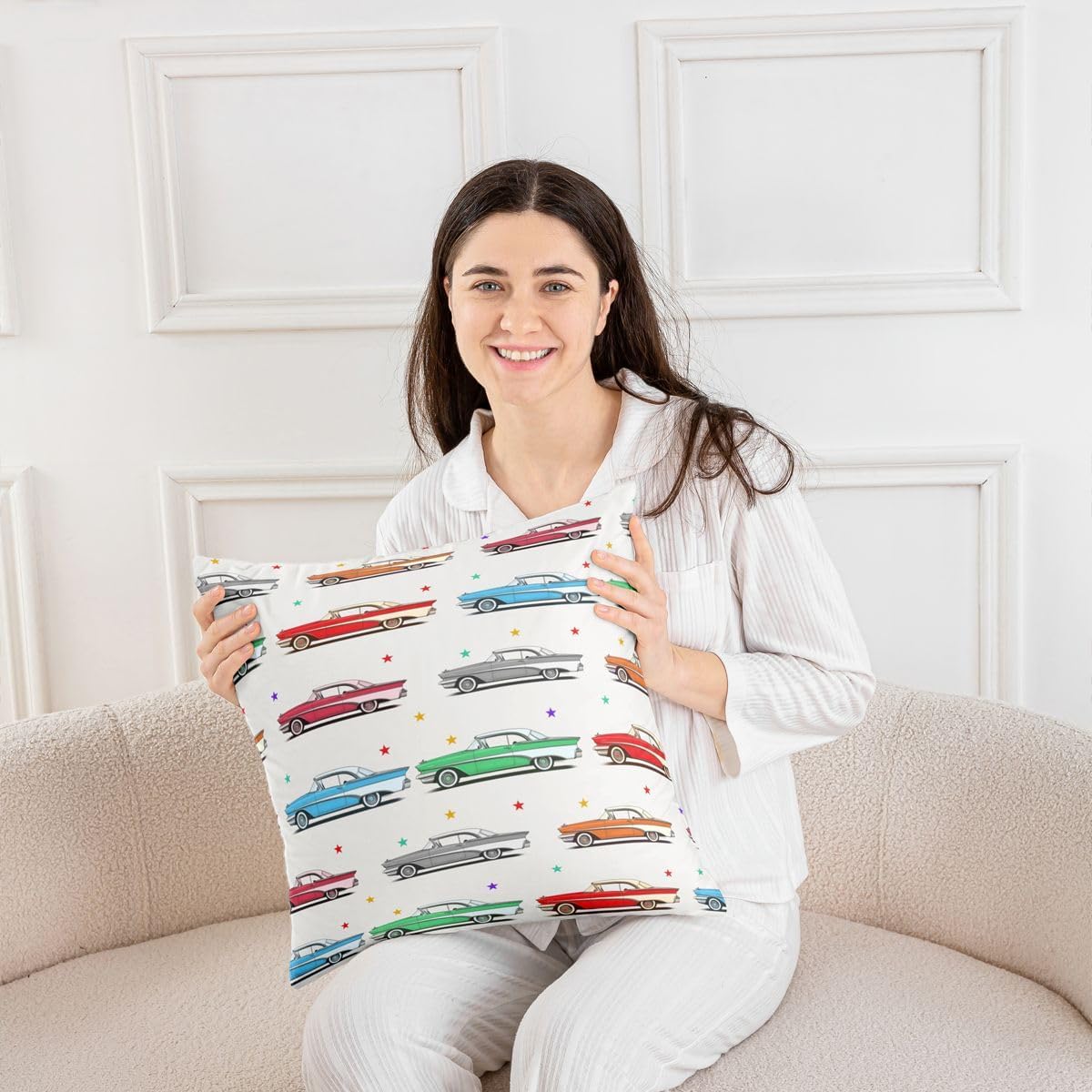 Vintage Cars Throw Pillow Cover Colorful 70s 80s Car Cushion Cover for Kids Teens Adults Cartoon Stars Retro Style Cushion Case for Chairs Bed 22x22 Inch image 4