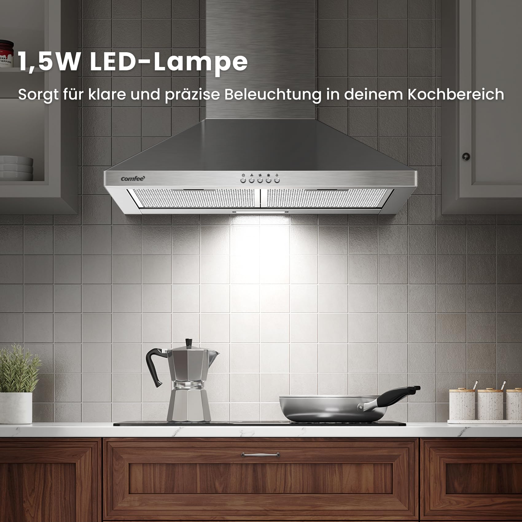 Comfee CHT3.6B Afzuigkappen voor wandafzuigkap, 60 cm, met luchtstroom van 320 m³, roestvrij staal, 5 lagen wasbaar vetfilter, actieve koolfilter, 3 standen, instelbare open haard, 1 ledlicht