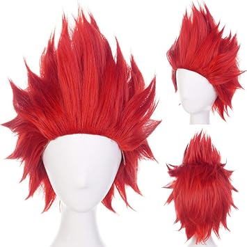 ANOGOL Hair Cap+ Short Red Anime Cosplay Wig Angry Wig Synthetic Red Crazy Hair Angry Outfit Short Spiky Wigs for Men Halloween Christmas Party Costume