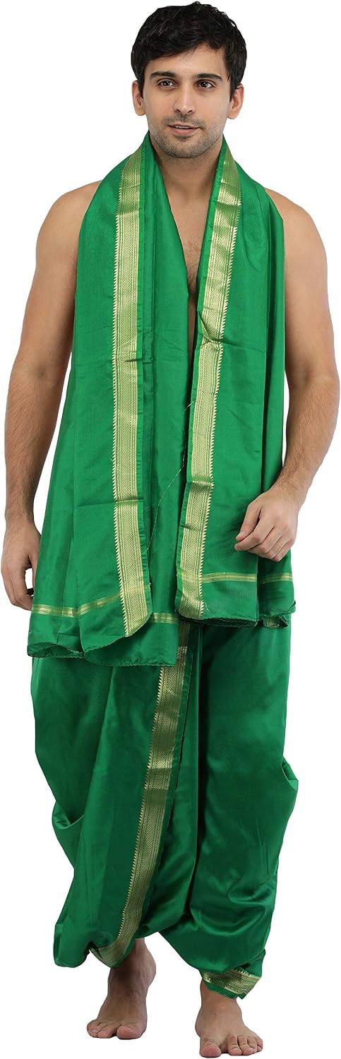 Exotic India Art Silk Ready to Wear Dhoti and Angavastram Set with Woven Golden Border