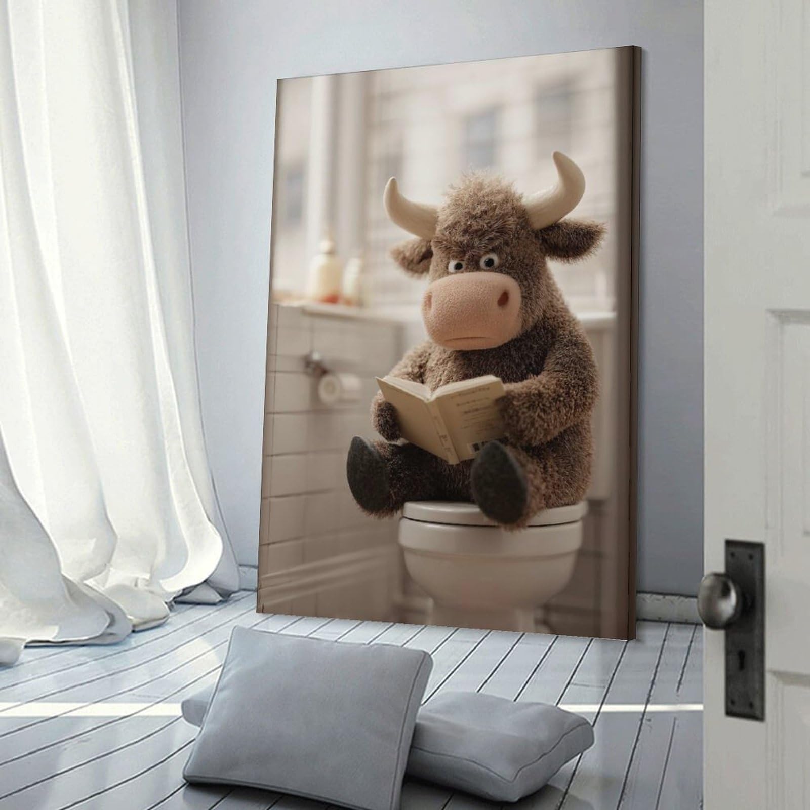 Junmoney Frame-Style-22 Plush Bull Reading On Toilet Home Decor Wall Art, 20X30inch(50X75cm), For Wall Displays, Bedrooms Or Room Updates, Ideal For Building A Coordinated Art Wall