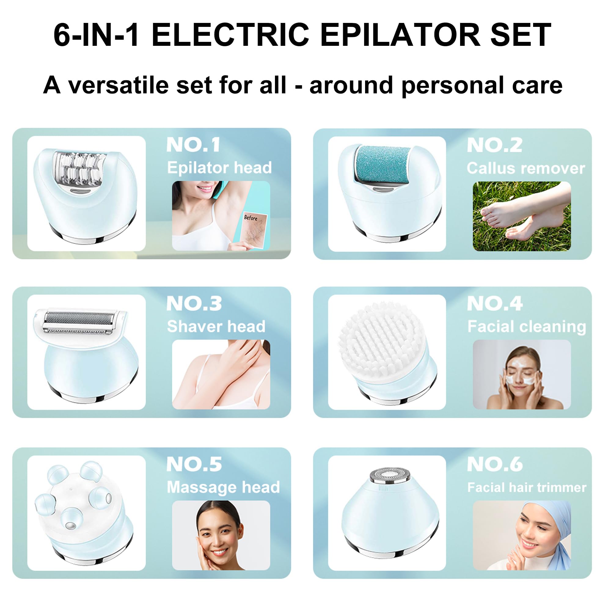 VGR 733 Epilator Hair Removal for Women, 6-in-1 Cordless & Rechargeable Lady Electric Shaver, IPX7 Waterproof Hair Removal Device Wet and Dry Bikini Trimmer for Face Leg Armpit, Blue