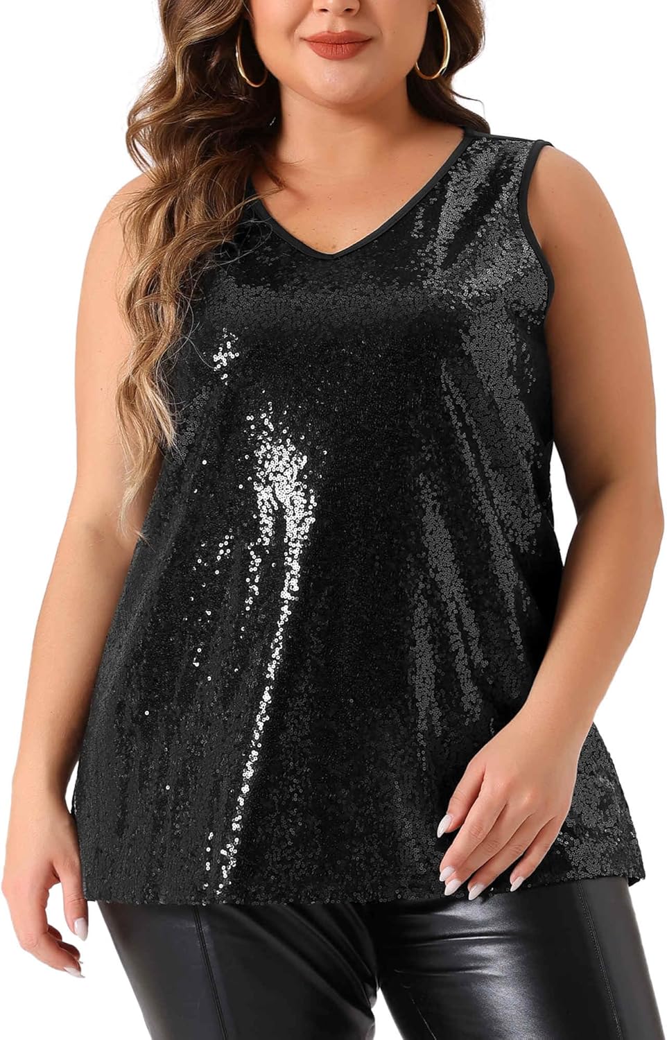 Agnes Orinda Plus Size Sequin Tank Tops for Women V Neck Sleeveless Club Glitter Shimmer Sparkle Party Vest Top