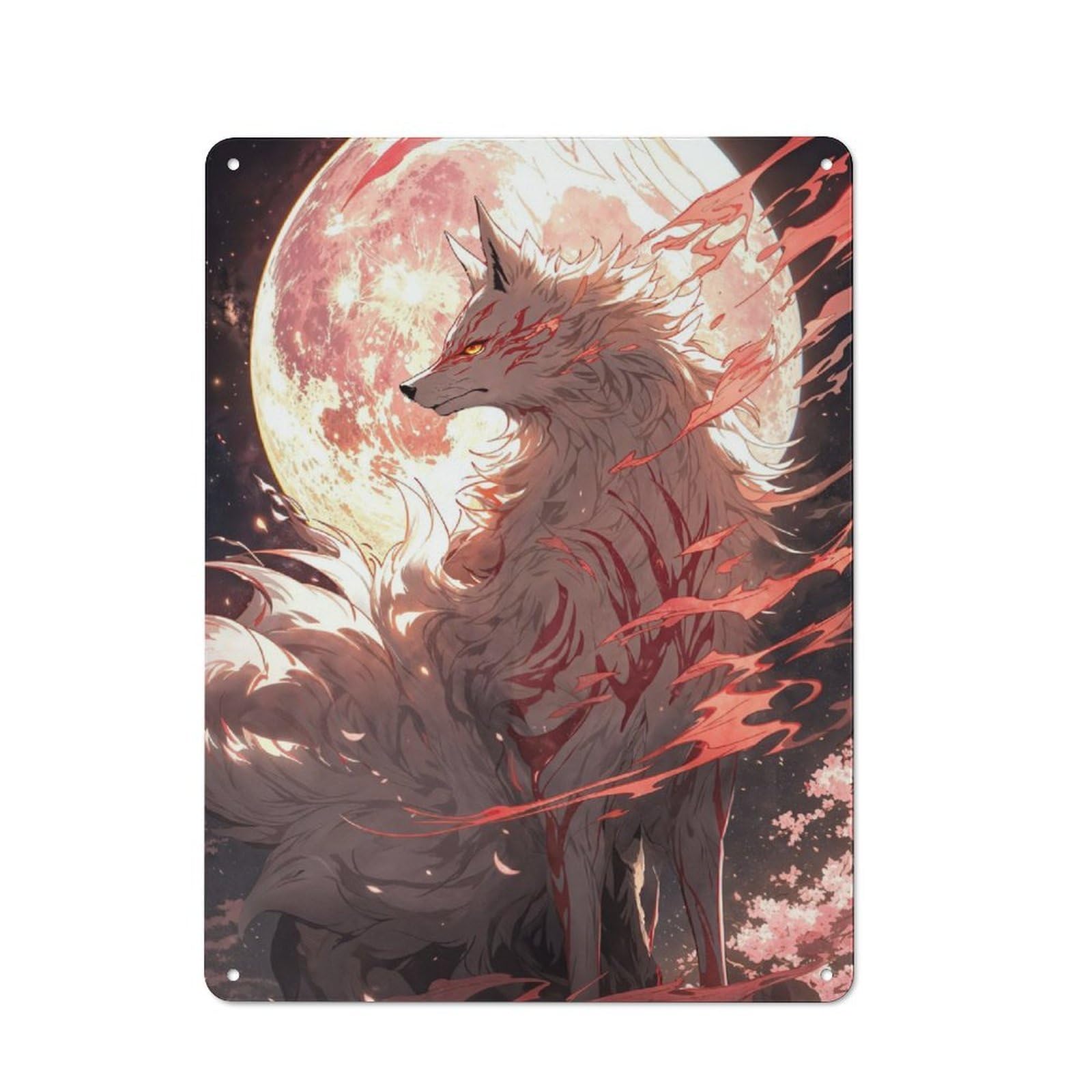 Junmoney Full Moon Sakura Kitsune Tin Wall Plaque 40X30cm With For Studio Or Craft Room, For Metal Sign Collectors, For Kitchen And Home Bar Decor