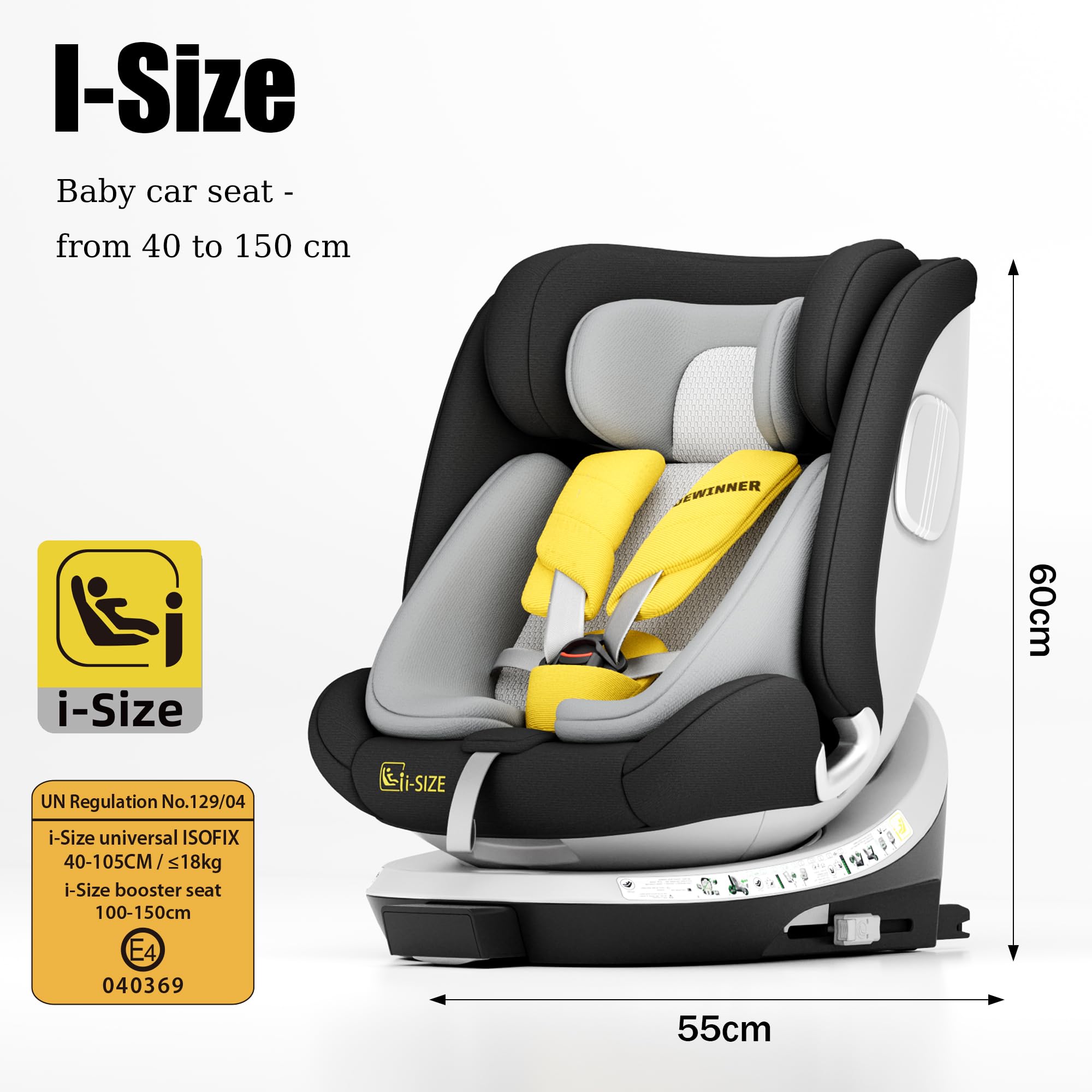 DEWINNER Seggiolini Auto da 0 a 36kg ISOFIX - Seggiolino Auto Girevole a 360°,I-Size Gruppo0+1/2/3,Cntura a 5 punti,RWF,FWF,Poggiatesta regolabile,Tettuccio Anti-UV + Gamba di Supporto,ECE R129 (Nero)