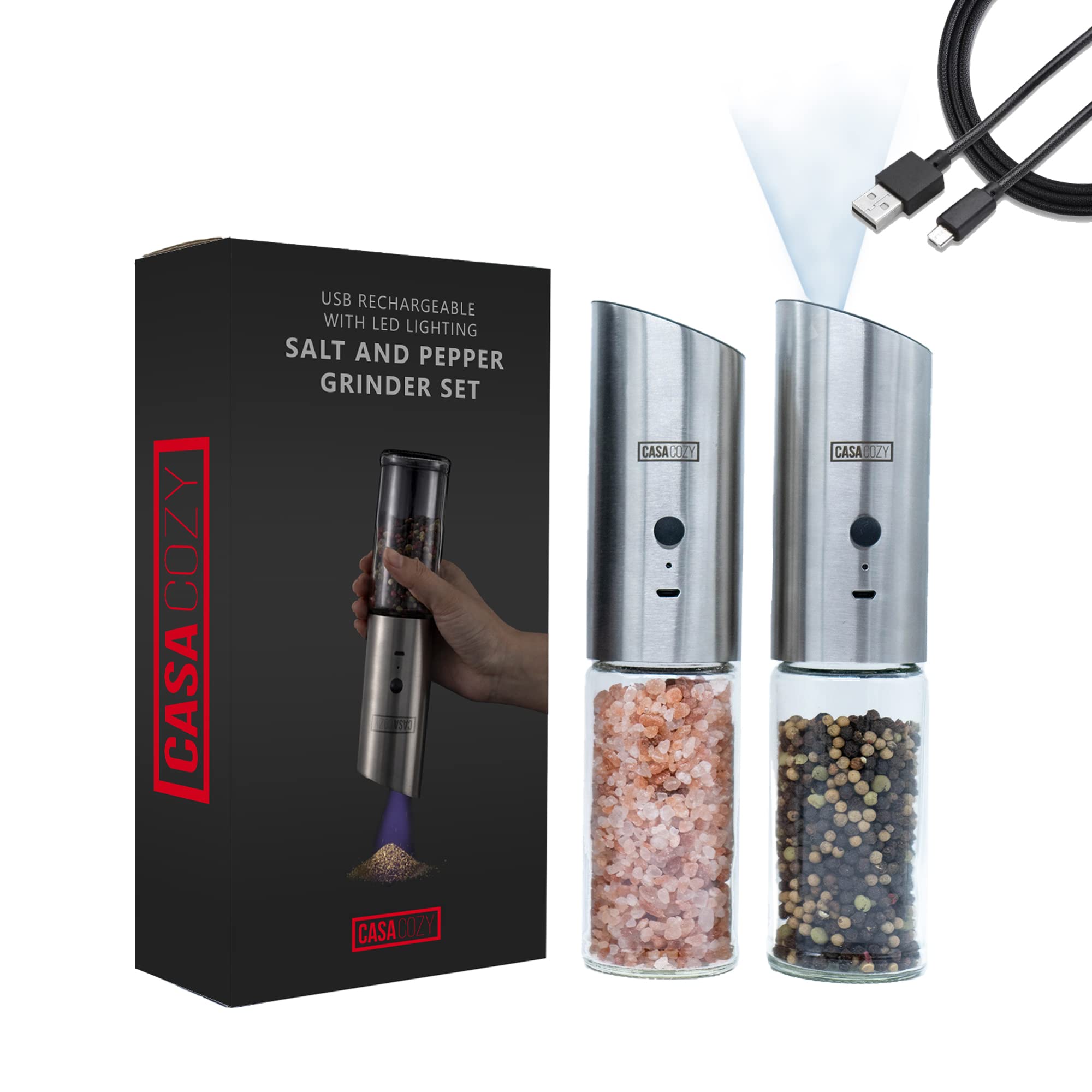 USB Rechargeable Electric Salt and Pepper Grinder set with LED Light, Stainless Steel Salt and Peppe