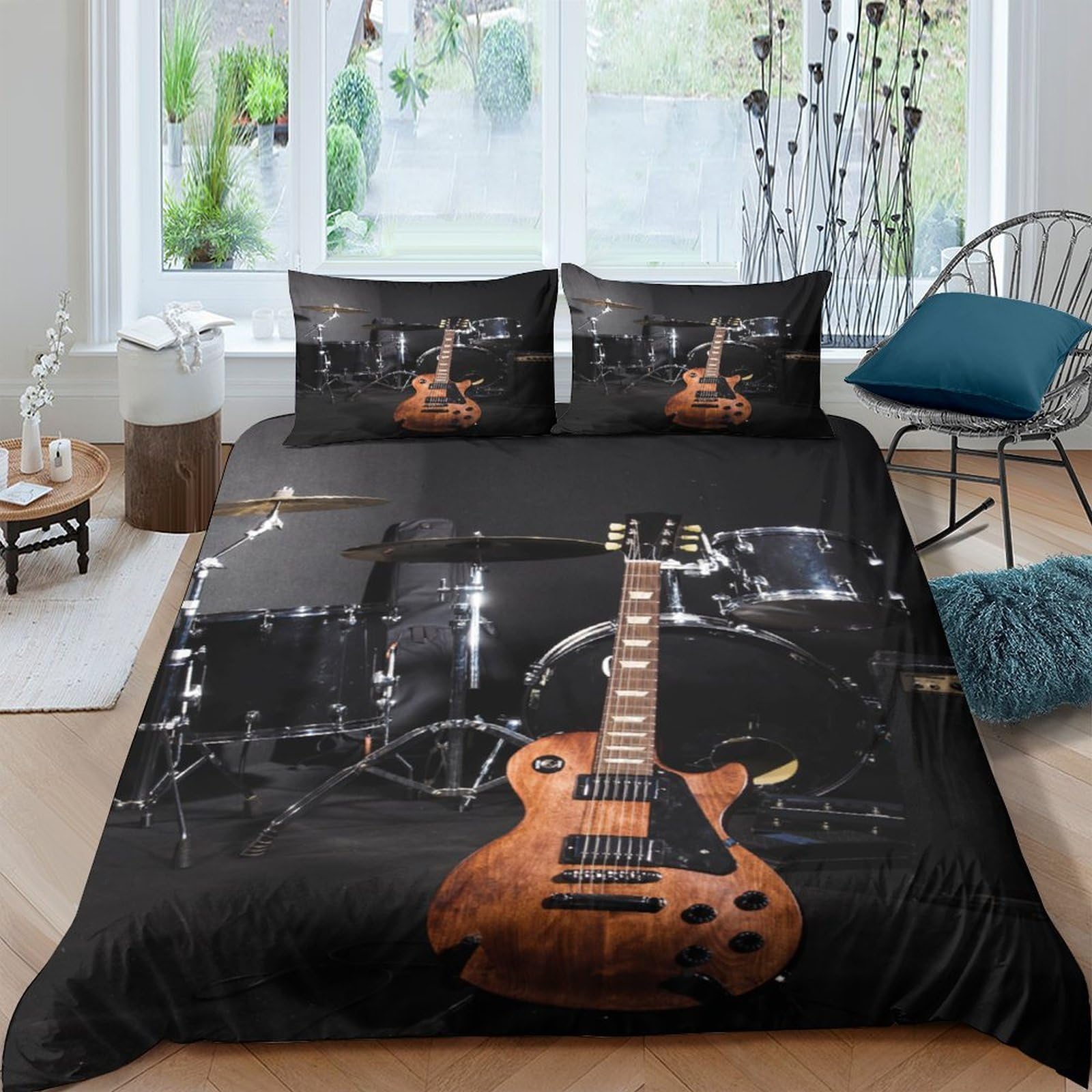 Ctjqhvkz Style-7 3D Printed Guitar Drum Fitted Sheet Microfiber Black Brown Mattress Cover Bedroom Dorm Decor Anti-Slip Washable Single（135X200cm）
