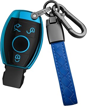 for Mercedes Benz Key Fob Cover with Keychain Soft Full Protection Key Shell Key Case Compatible with LS CLK AMG ML C CL E S SL SLK G GLC GLE GLS M R Smart Key Blue
