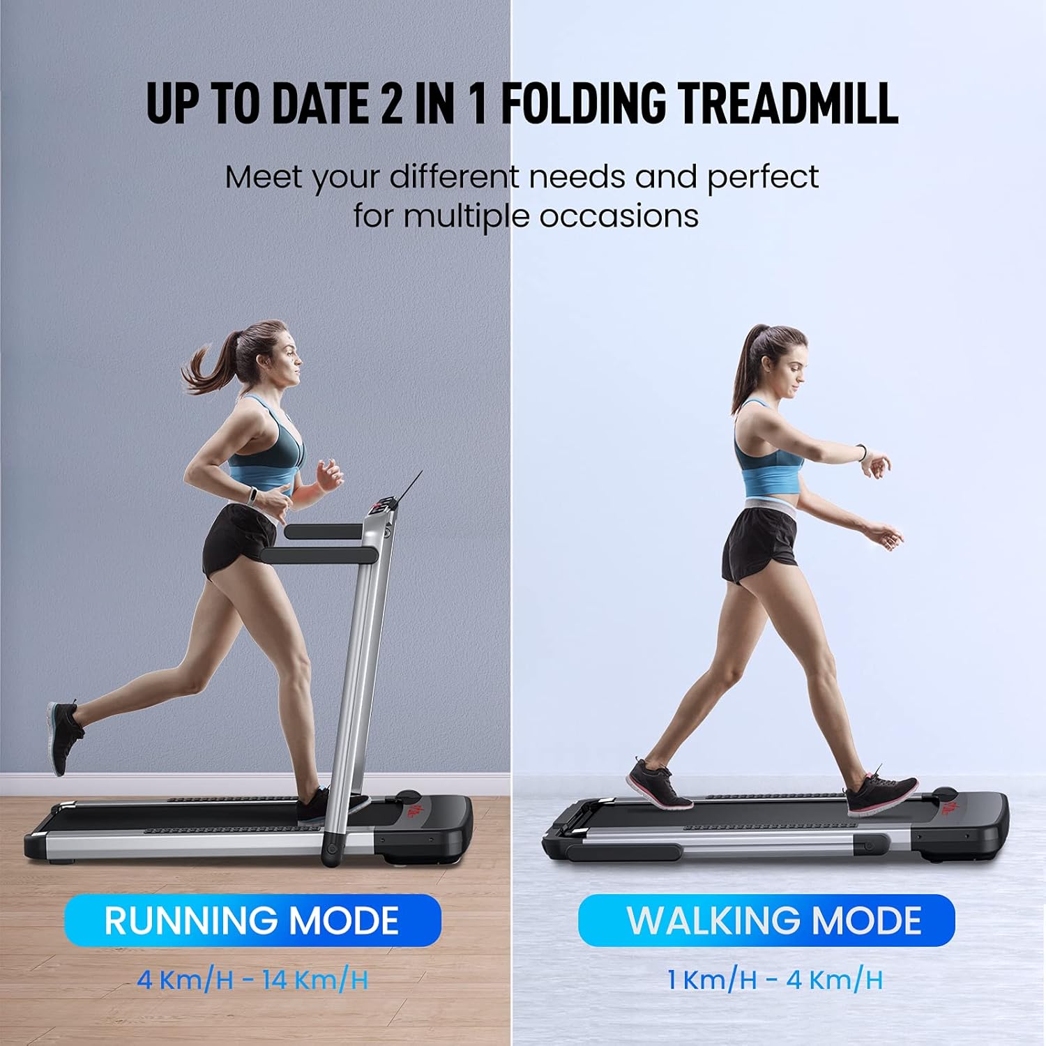 Treadmill showing running mode with upright handles and walking mode with folded handles