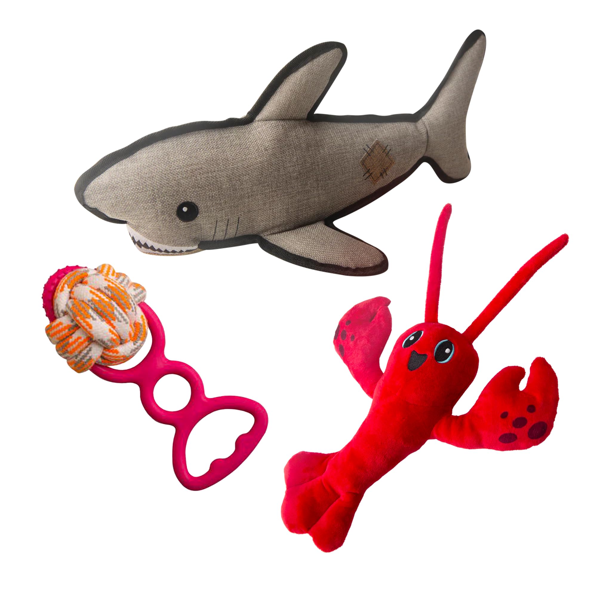 Snugarooz Dog Toy Bundle with Repair Patch - Saul the Shark & Grab 'N Wag Luca the Lobster - Durable, Fun & Engaging Toys for Dogs