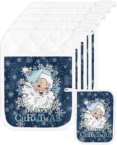 Juego de 4 agarraderas de tela de toalla de Papá Noel azul marino para cocina, antideslizantes y aislantes de calor, con bolsillo, guantes gruesos