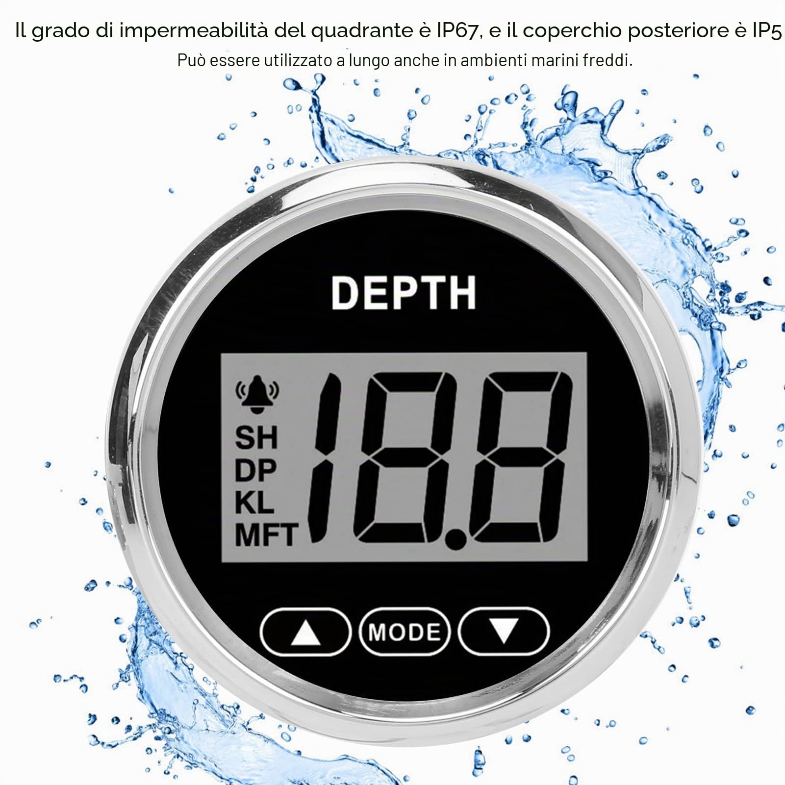 Misuratore di profondità EIMSOAH digitale per barche, 52 mm / 2 pollici, impermeabile, con trasduttore Dash Dash Finder, max 100 m/110 m