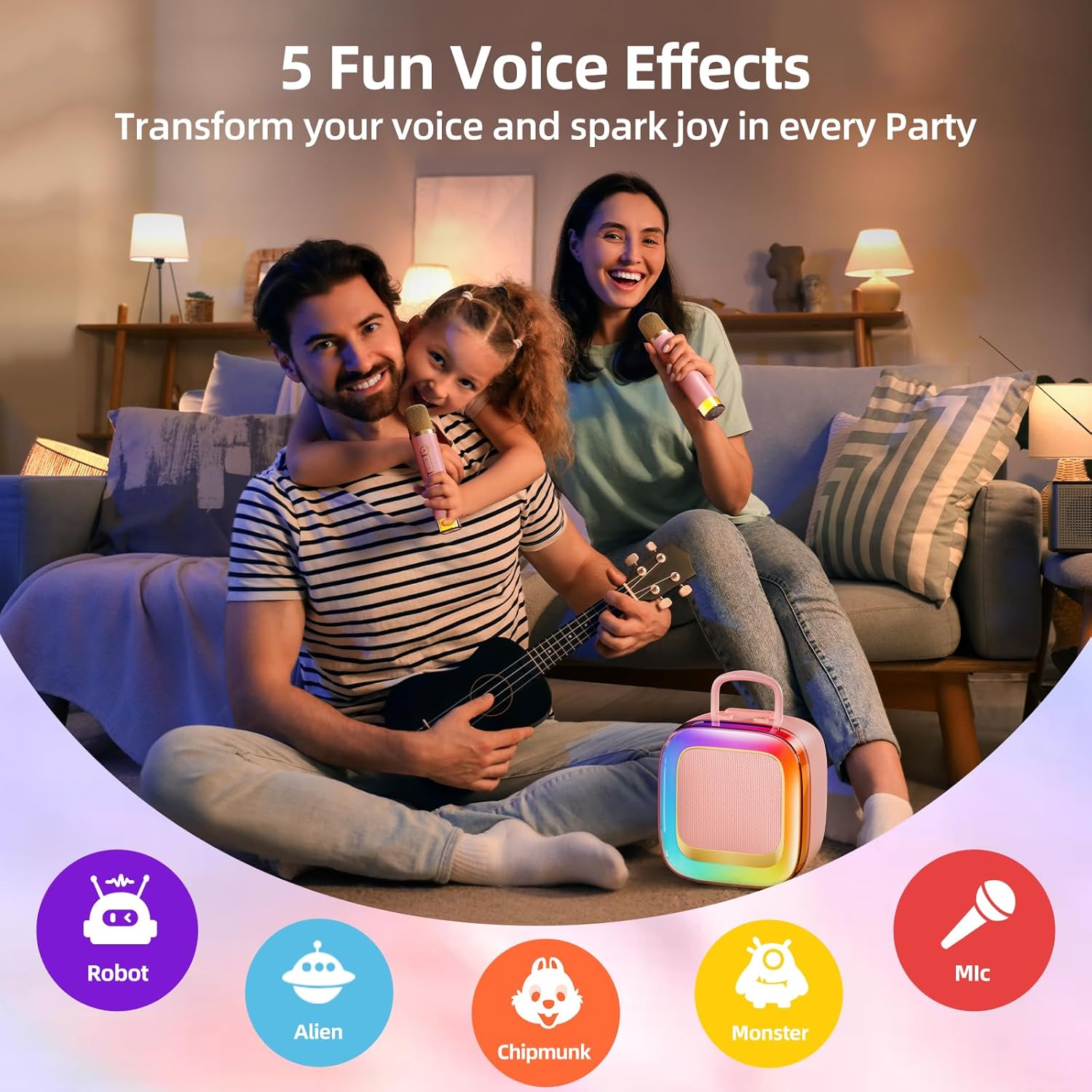 Kinglucky Karaoke Machine for Kids (Exclusive Edition) Girls Ages 3-12 with 2 Light-Up Microphones, Kid-Sized & Portable Bluetooth Speaker with Voice Effects for Birthday, Family Fun & Party (Pink) - Image 6