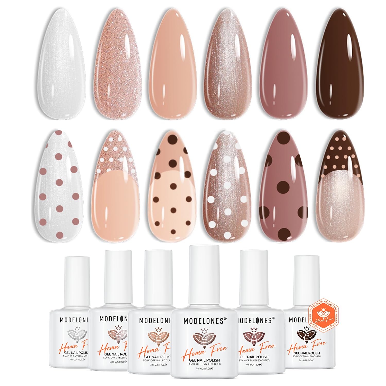 Winter Gel Nail Polish, 6 Colors Hema&TPO Free Brown Skin Tone Polka Dot Nails Design Neut Polish Beige Khaki Gel Polish Set Neutral All Skin Tones Soak Off French Nail Art Manicure