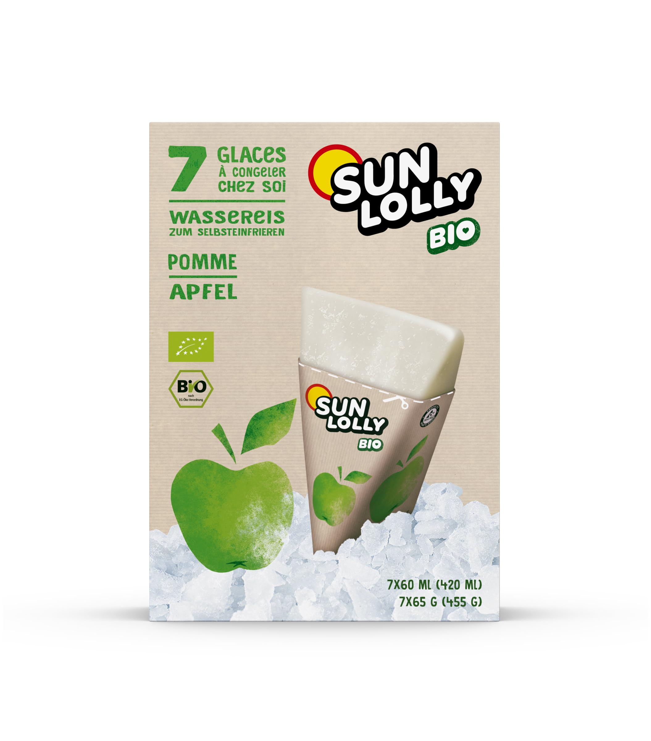 Sun Lolly Bio Wassereis Apfel 7 Stk | Mit Fruchtsaft | Zum Selbsteinfrieren | Ohne künstliche Aromen | Frei von Süßungsmittel | Laktosefrei | Glutenfrei | Vegan | 7 x 60ml