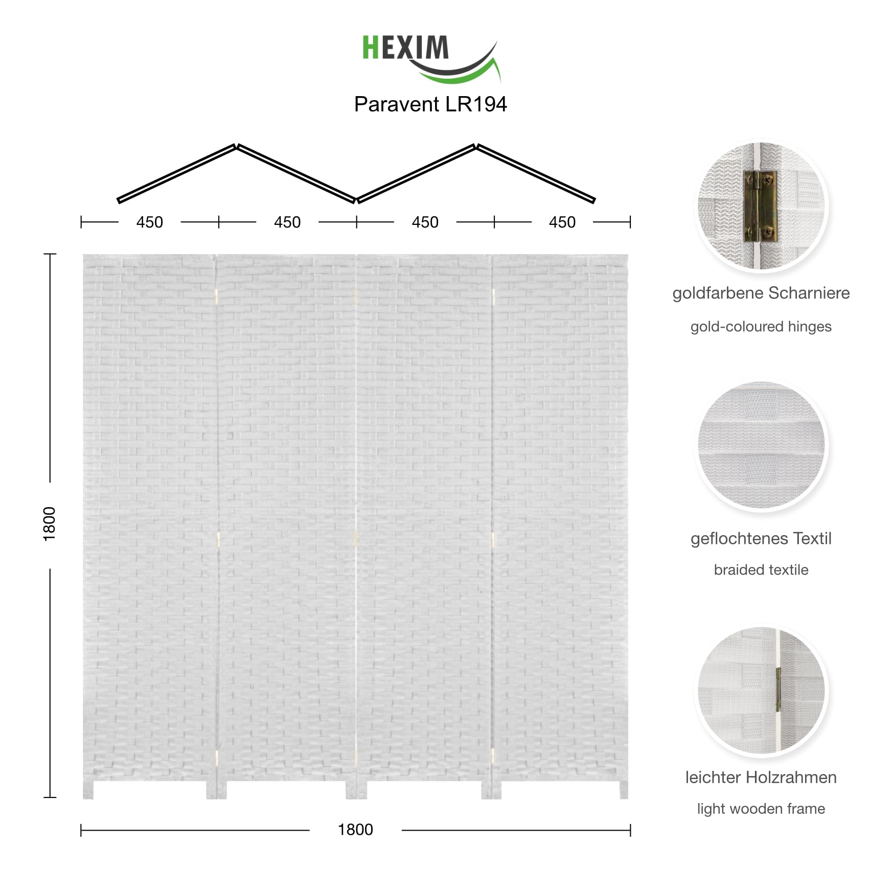 Separatore di Spazi HEXIM 180x180 cm - Paravento pieghevole a 4 pannelli - Decorazione divisoria degli spazi, autonoma, portatile (LR194-bianco)