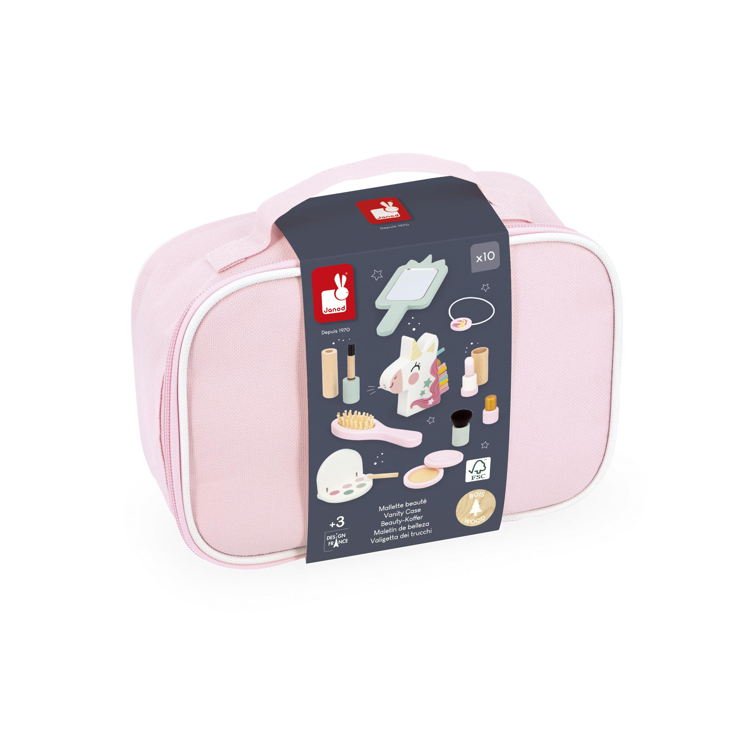 Janod Beauty Case, Tema Unicorno, 10 Accessori in Dotazione, Giocattoli per Il Trucco in Legno FSC, Kit di Giocattoli Cosmetici, da 3 Anni, J06465