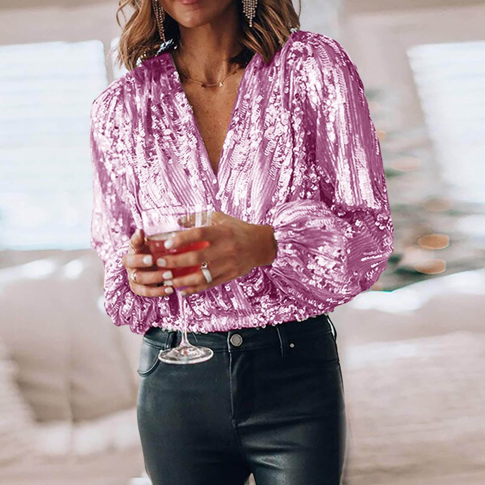 Camicetta da donna a maniche lunghe, con scollo a V, metallizzato, con brillantini, alla moda, elegante, a maniche lunghe, con glitter