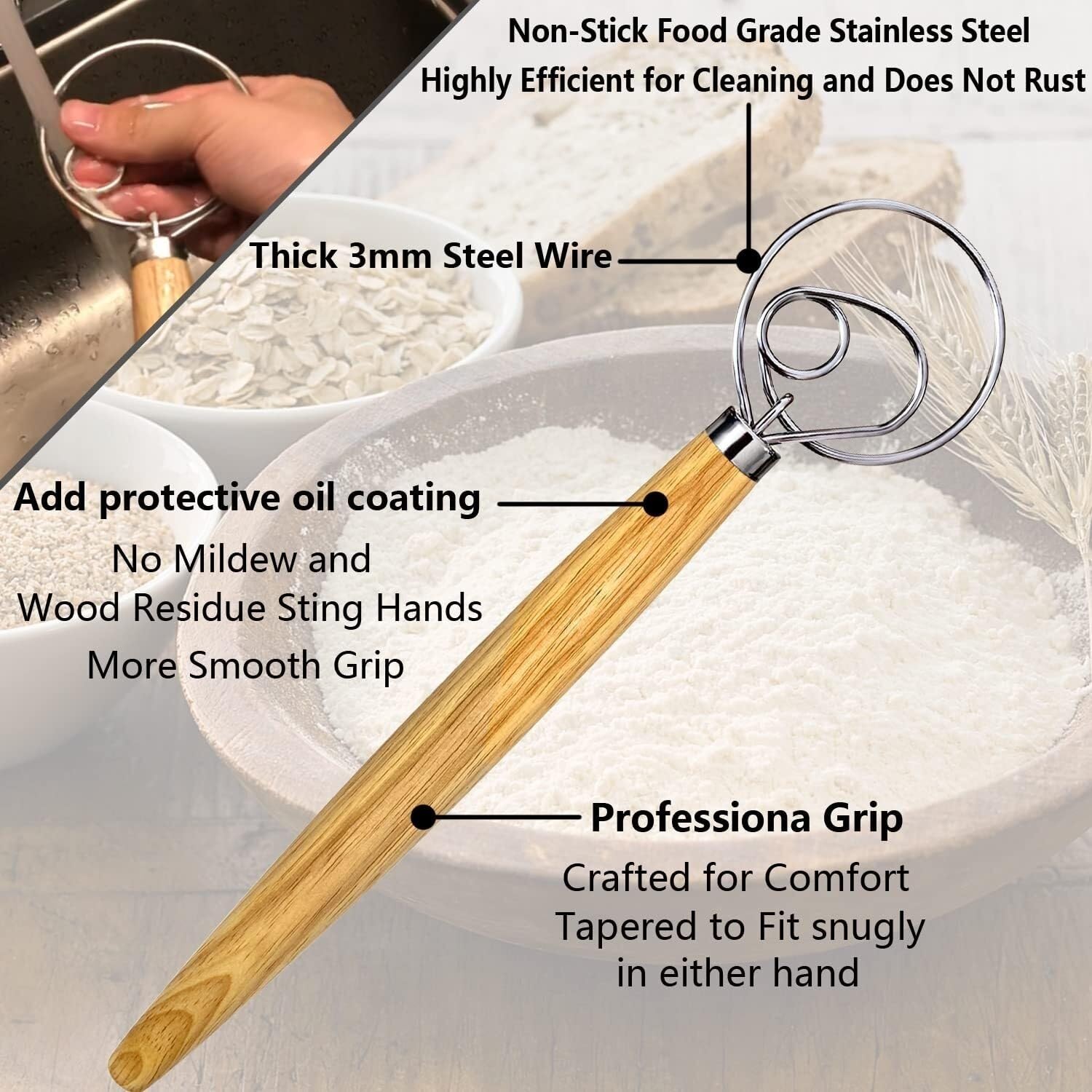 Varillas de Batir para Cocinar Amasadora De Pan For Cocina De Masa Madre con Batidora De Acero Inoxidable Huevos, Espumar, Batir