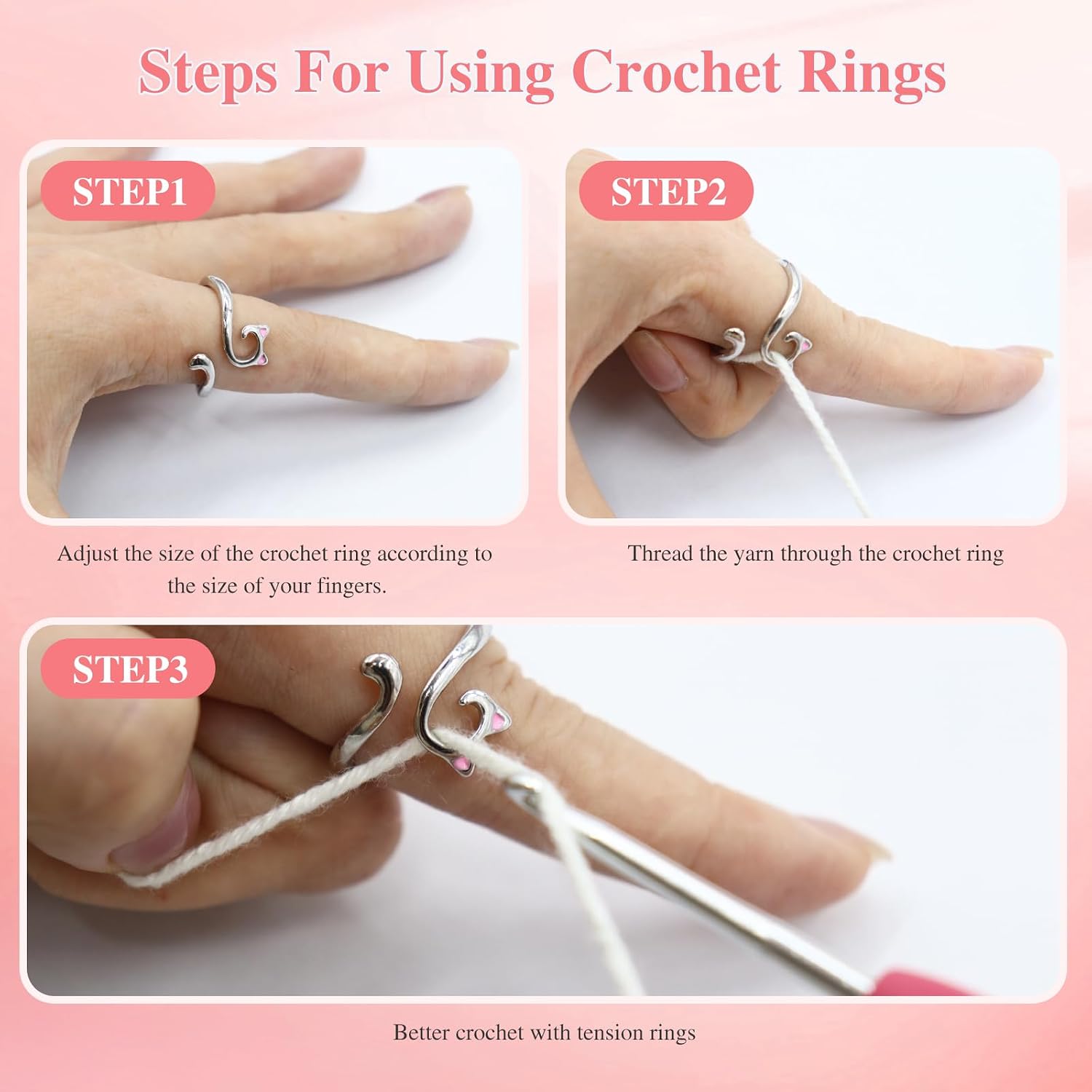 LIQALU 6 Pcs Crochet Rings Adjustable Cat Tension Rings Yarn Guide Tools
