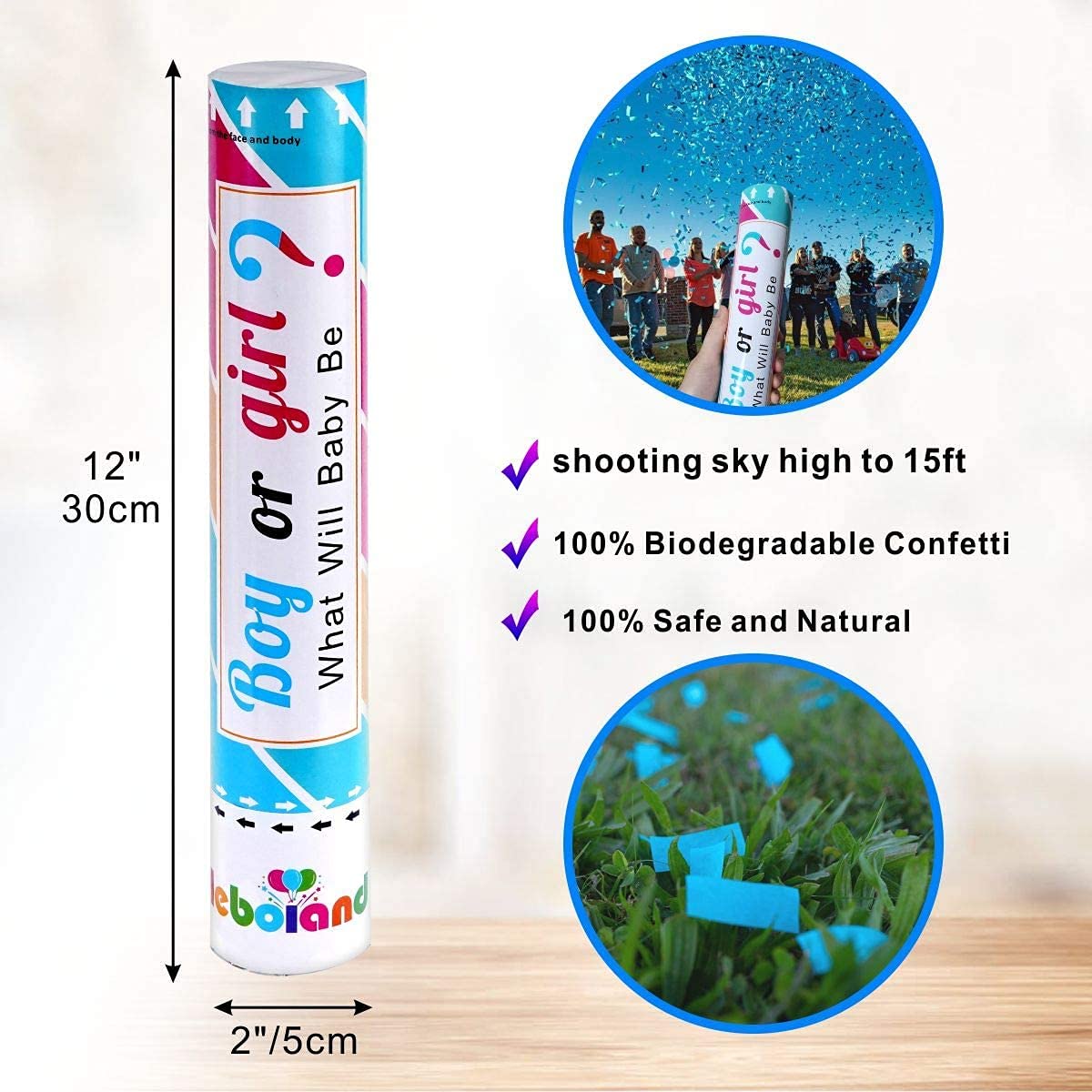 Gender Reveal Confetti Cannons Blue 4 Pack 12 Inch Party Cannons with Biodegradable Confetti for