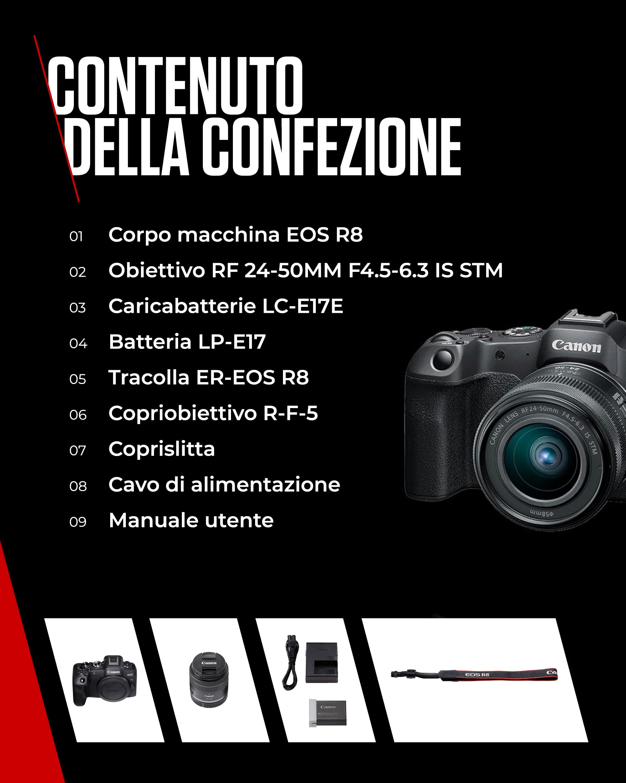 Canon EOS R8 + RF 24-50mm F4.5-6.3 - Fotocamera Digitale Mirrorless - Sensore CMOS Full-Frame da 24,2 MP - Dual Pixel CMOS AF II - Composizione Integrata - Touchscreen LCD - Compatibilità UVC/UAC
