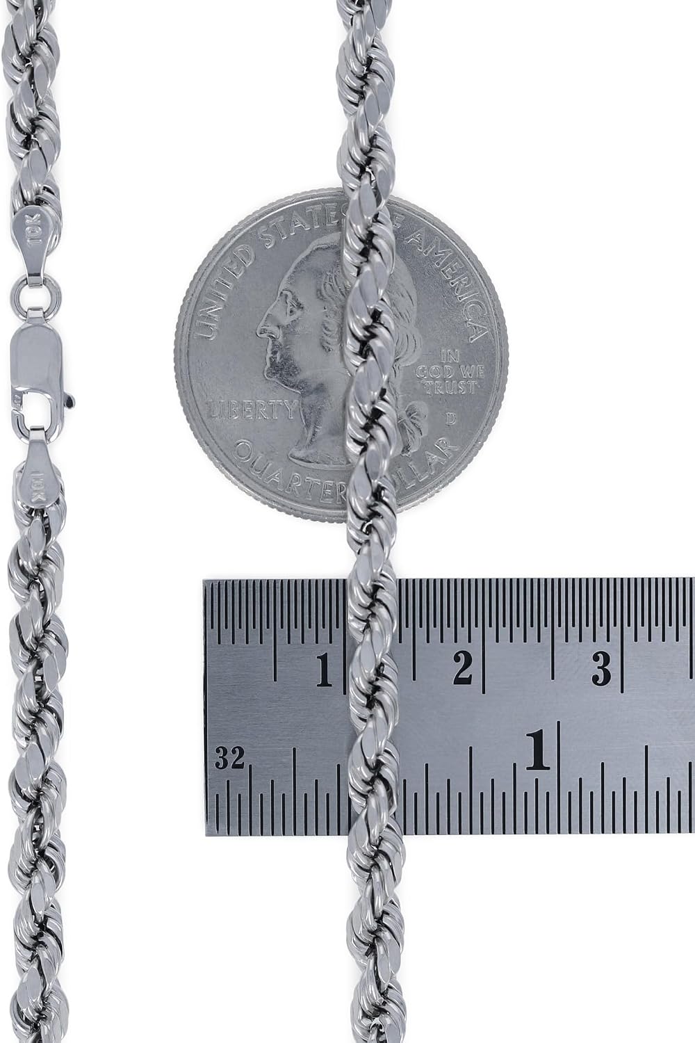 Nuragold 10K Real White Gold 4mm Solid Rope Chain Diamond Cut Necklace (20"-30") Italian Jewelry for Men
