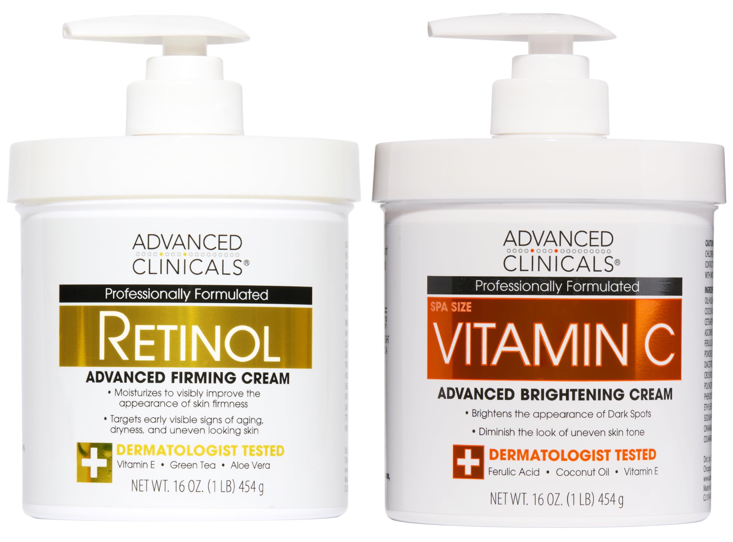Advanced Clinicals Retinol Body Lotion + Brightening Vitamin C Cream 2pc Skin Care Set | Skin Tightening Body Moisturizer & Face Lotion | Crepey Skin Care Treatment | Skin Care Products, 2pc Set