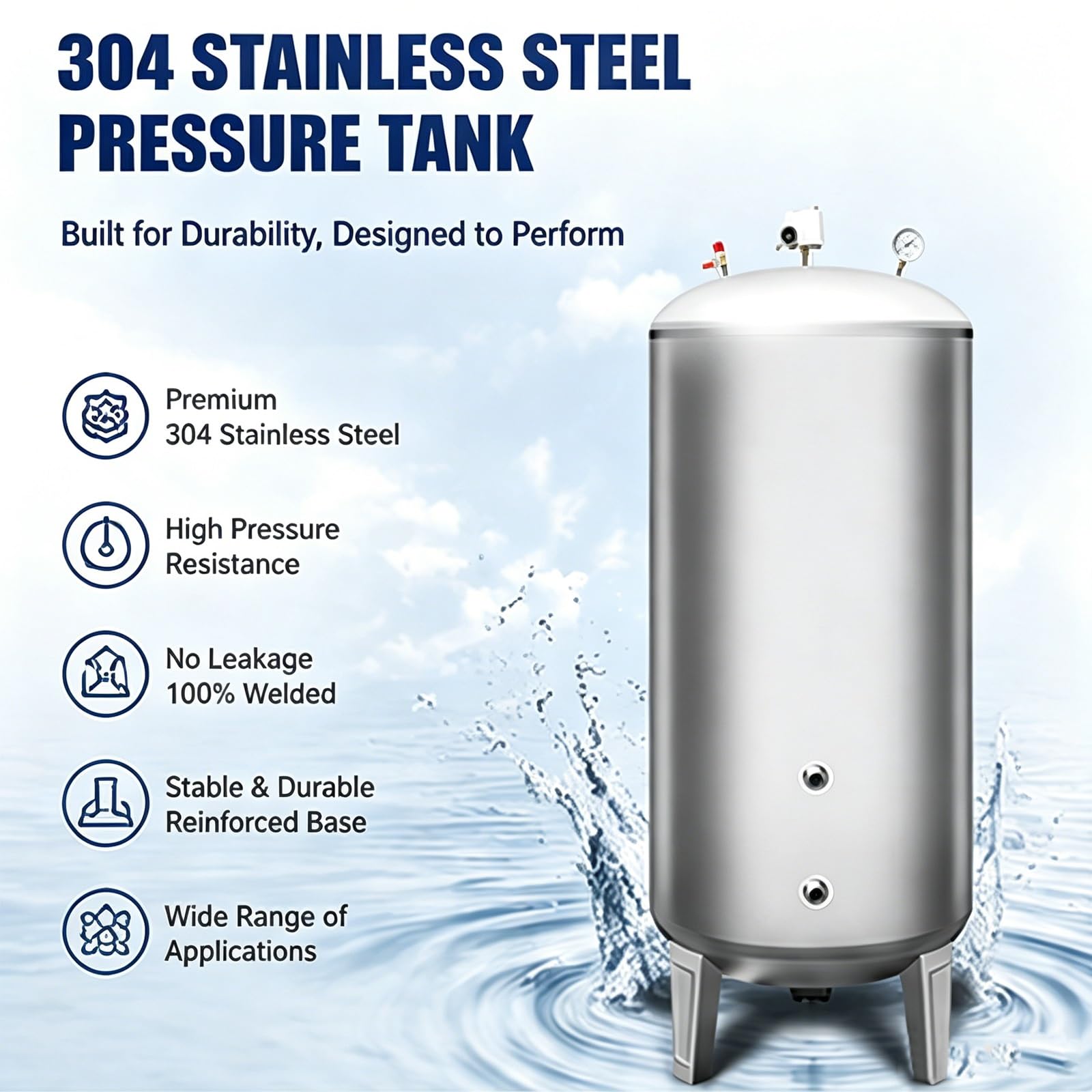 Vaso Espansione Verticale, in Acciaio Inox 304, Antiruggine, con Saldature a Tenuta Stagna, Serbatoio a Pressione per Sistemi di Irrigazione Domestici, Scolastici e Agricoli, Kit Incluso(95cm/37.4in)