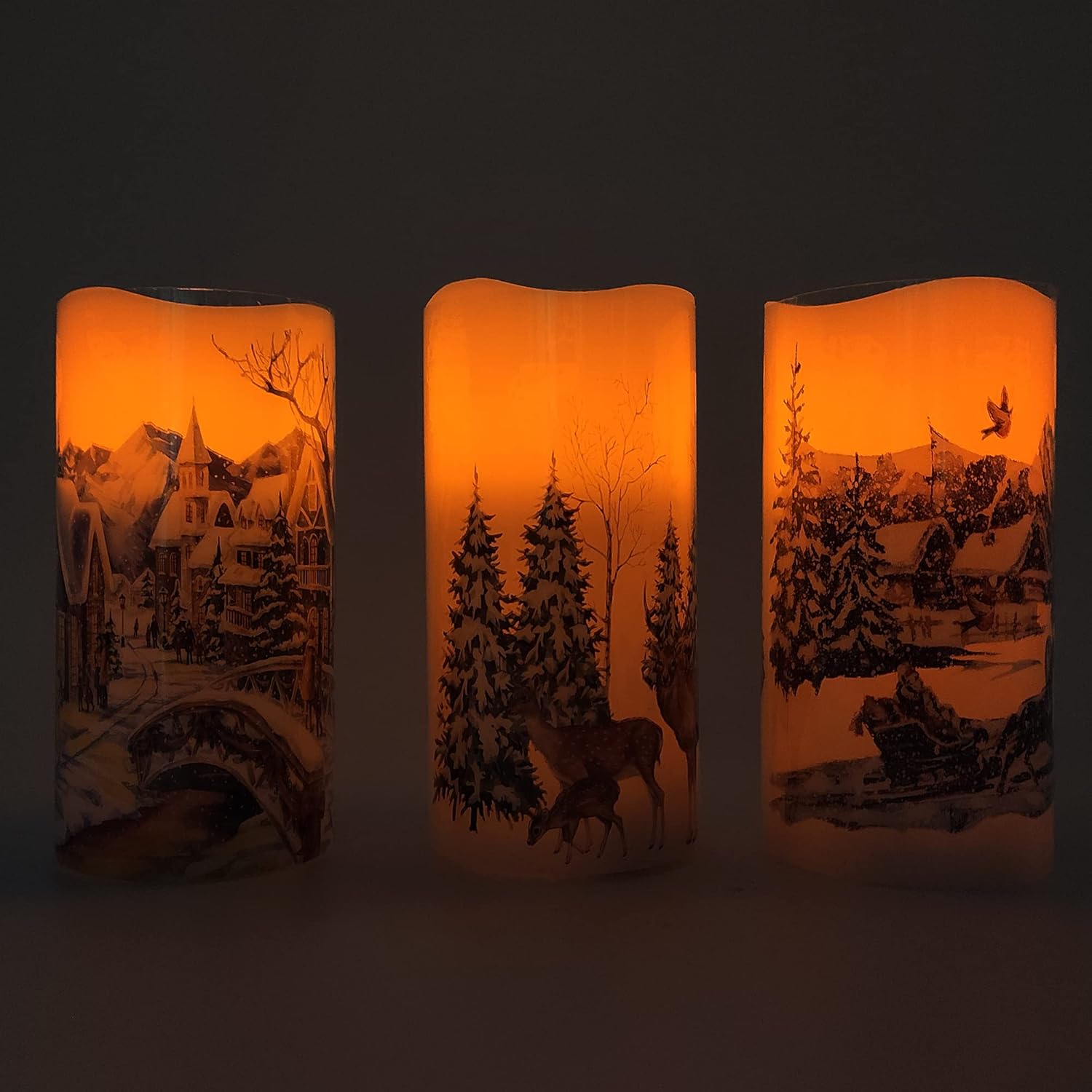 Darnassus Christmas Flameless Candles Real Wax LED Candles Decor Battery Operated with Timer and Green Christmas Tree Decal,Set of 3,Warm Light