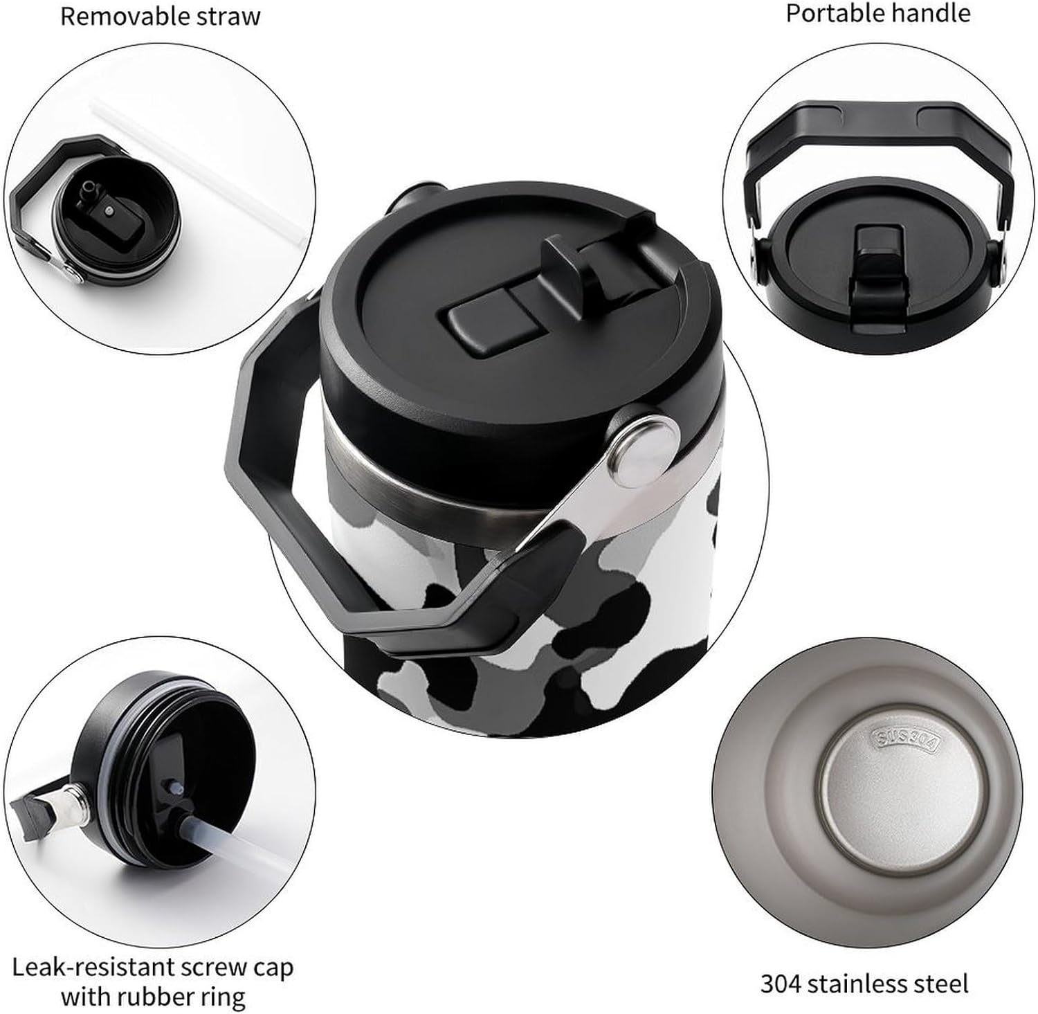 Black Grey White Camo Water Bottle 30 Oz Fits Car Cup Holder,Insulated Coffee Mug Large Capacity Car Cups,Stainless Steel Double Wall Sport Bottle for Travel Sports Gym