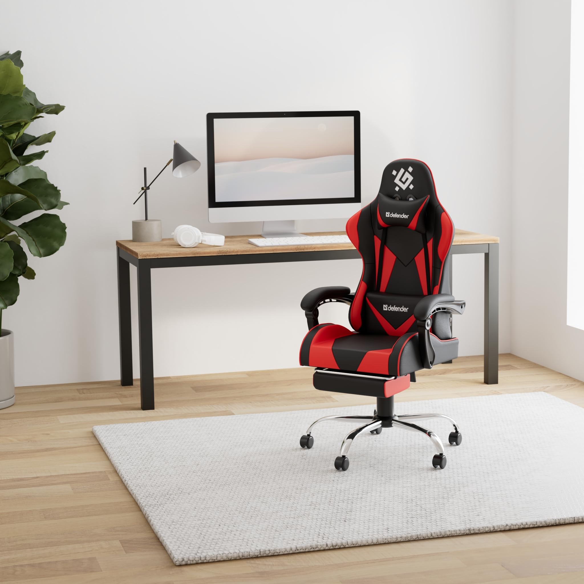 Defender Pilot,Sedia da ufficio ergonomica con poggiapiedi e cuscino lombare regolabile, angolo di inclinazione di 135°, sedia da scrivania regolabile in altezza, in ecopelle, colore: Nero/Rosso