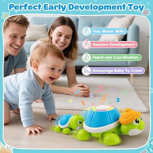 Miniatura 5 de Juguetes para bebés de 6 a 12 meses, juego de juguetes musicales de tortuga gateando para el tiempo boca abajo, juguetes educativos tempranos,