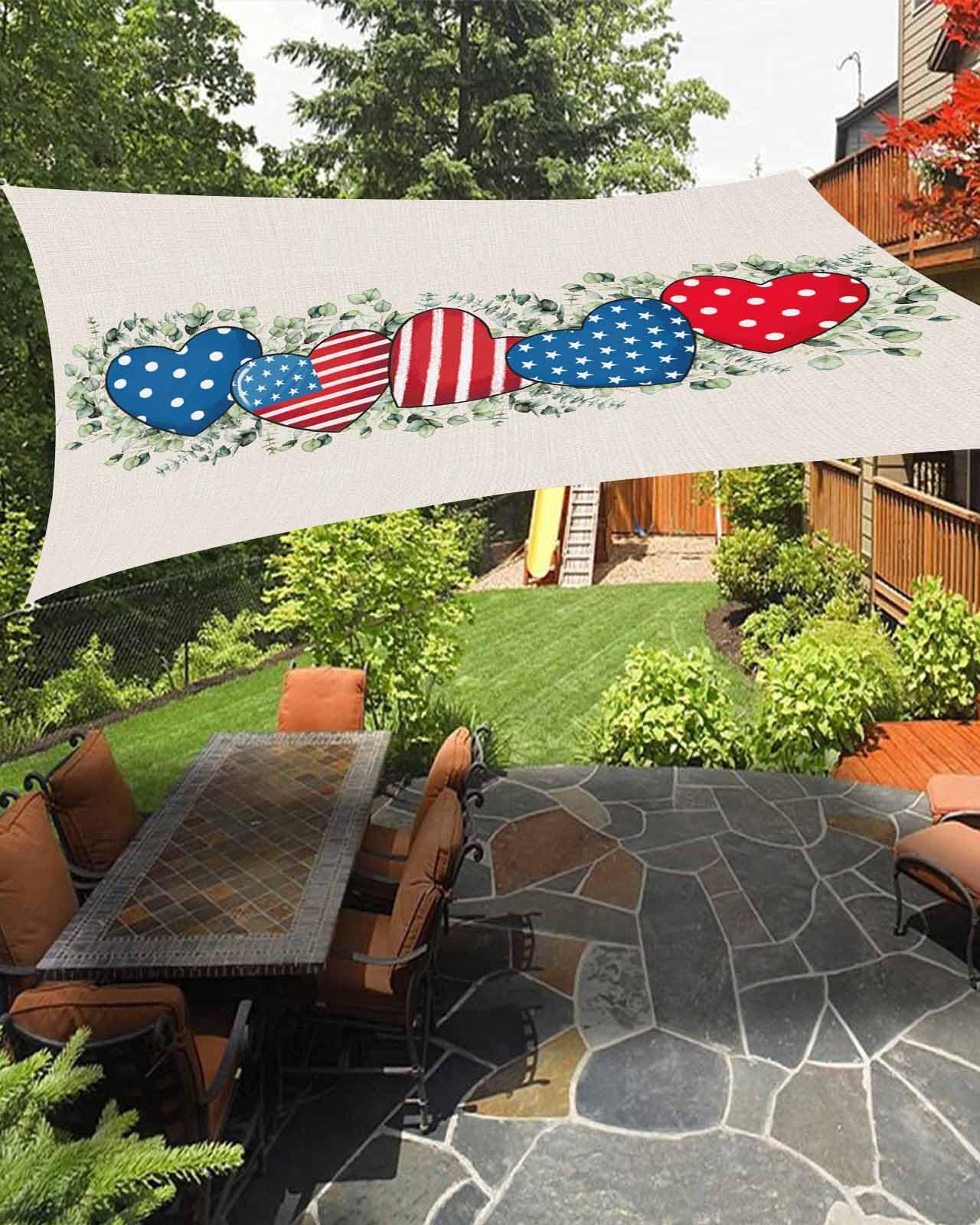 Boanket Sun Shade Sail 12' x 16', 4th of July Sun Blocking Shades Privacy Outdoor Covering, Red Blue Love Heart Eucalyptus Leaves Rustic Shade Cloth for Patio Deck Terrace Garden Lawns Beach Backyard