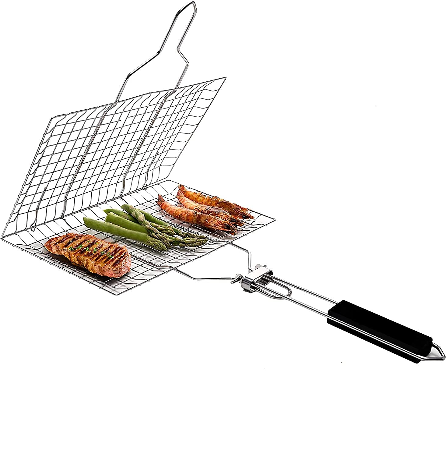 FEELING MALL Stainless Steel Outdoor Camping BBQ Accessories Rack for Grilling Fish Chicken Meat Steak Vegetables Kabobs Chops Seafood BBQ Grill Net Basket Roast Tray Chromium Plated Wooden Handle-image-13