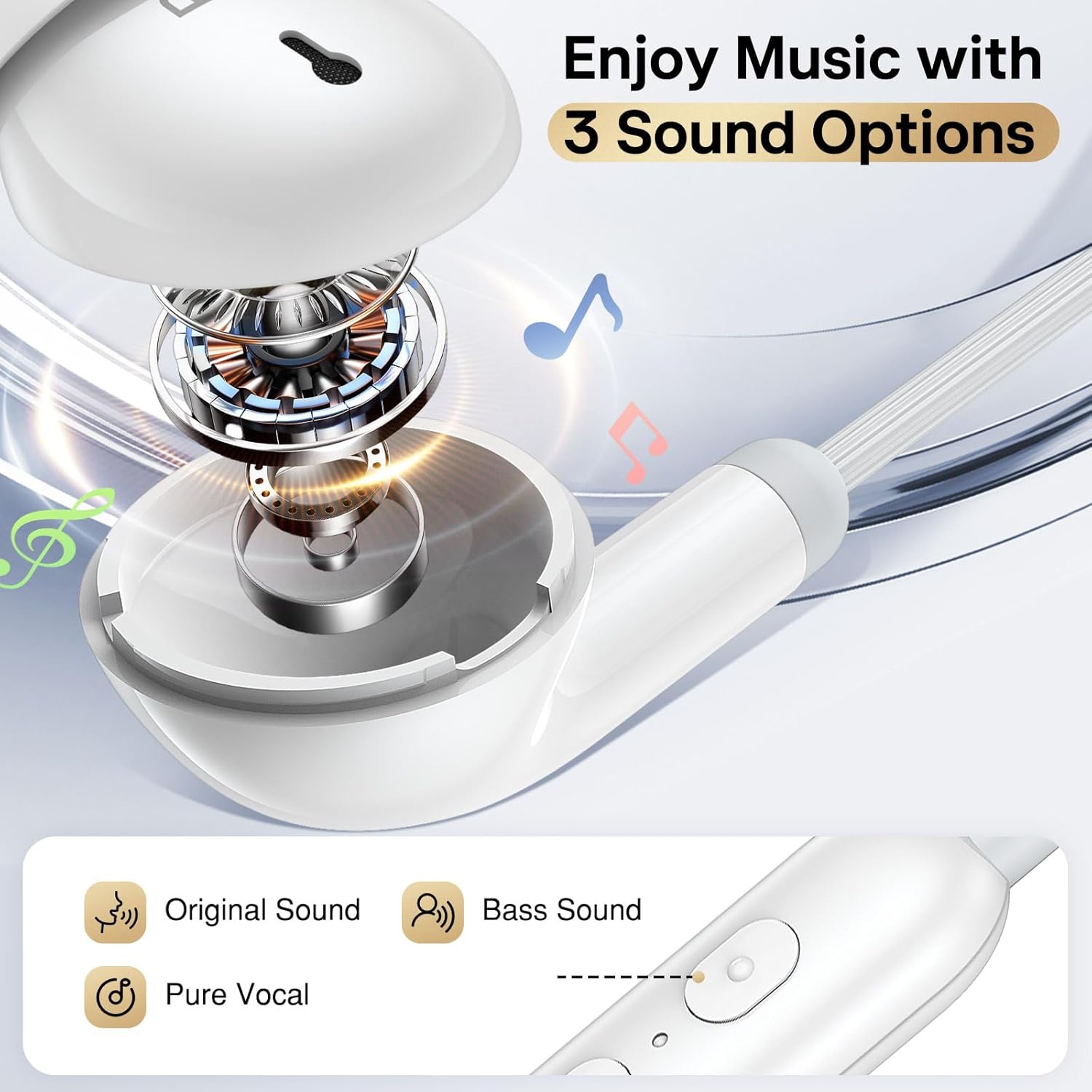 Wired Earbuds 3 EQ Mode USB C Headphones HiFi Bass Sound Type C Earphones Corded USBC Plug in Ear Buds for iPhone 17 17e 16 Pro Max 15 for Samsung/Galaxy S26 S25 S24 for Google/Pixel 10 10a 9 8 White